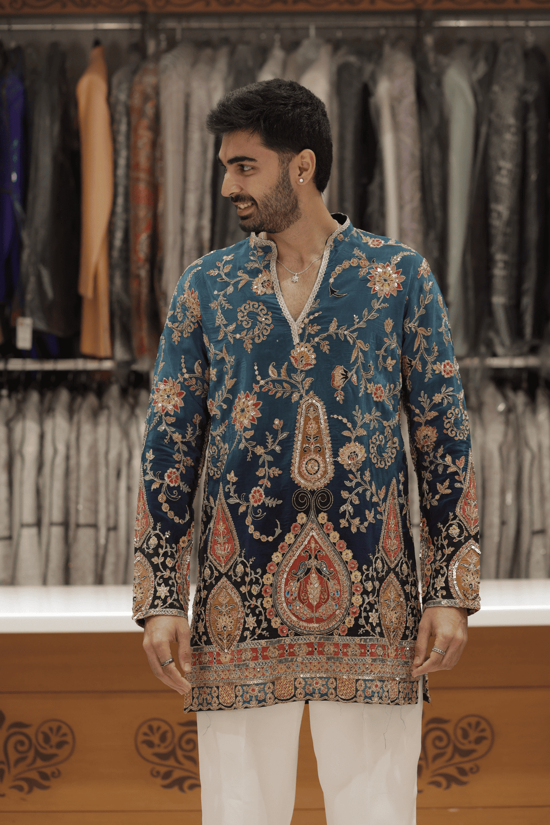1 Royal Teal Embroidered Designer Kurta Pyjama for Men (LuxuryKoreanPants) F2-1073