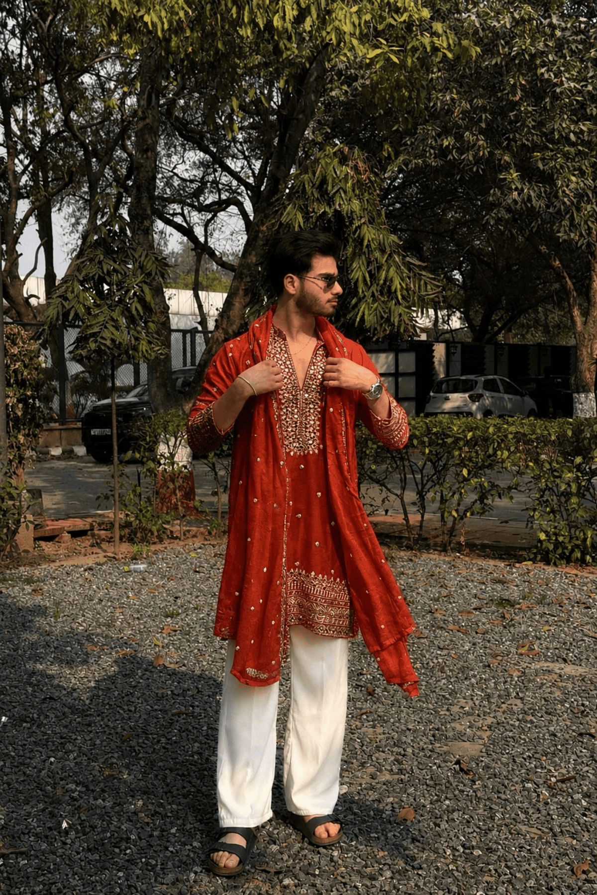 2 Rust V-Neck Mirror Work Wedding Kurta Set For Men With Stole (Luxury Korean Pants) F2-1095