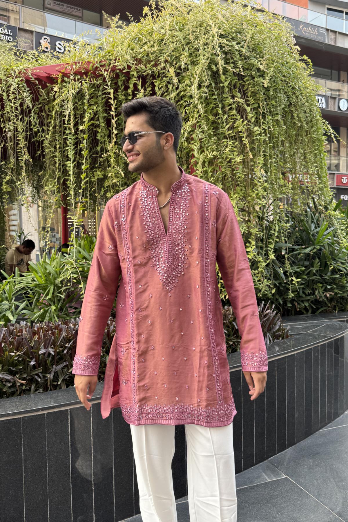 2 Warm Pink Mirror Work Kurta Pyjama For Men (Luxury Korean Pants) F2-1013