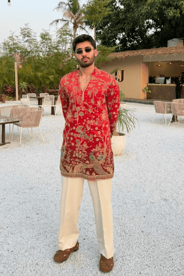 3 Cherry Red Short Kurta Pyjama For Men (Luxury Korean Pants) F2-1085