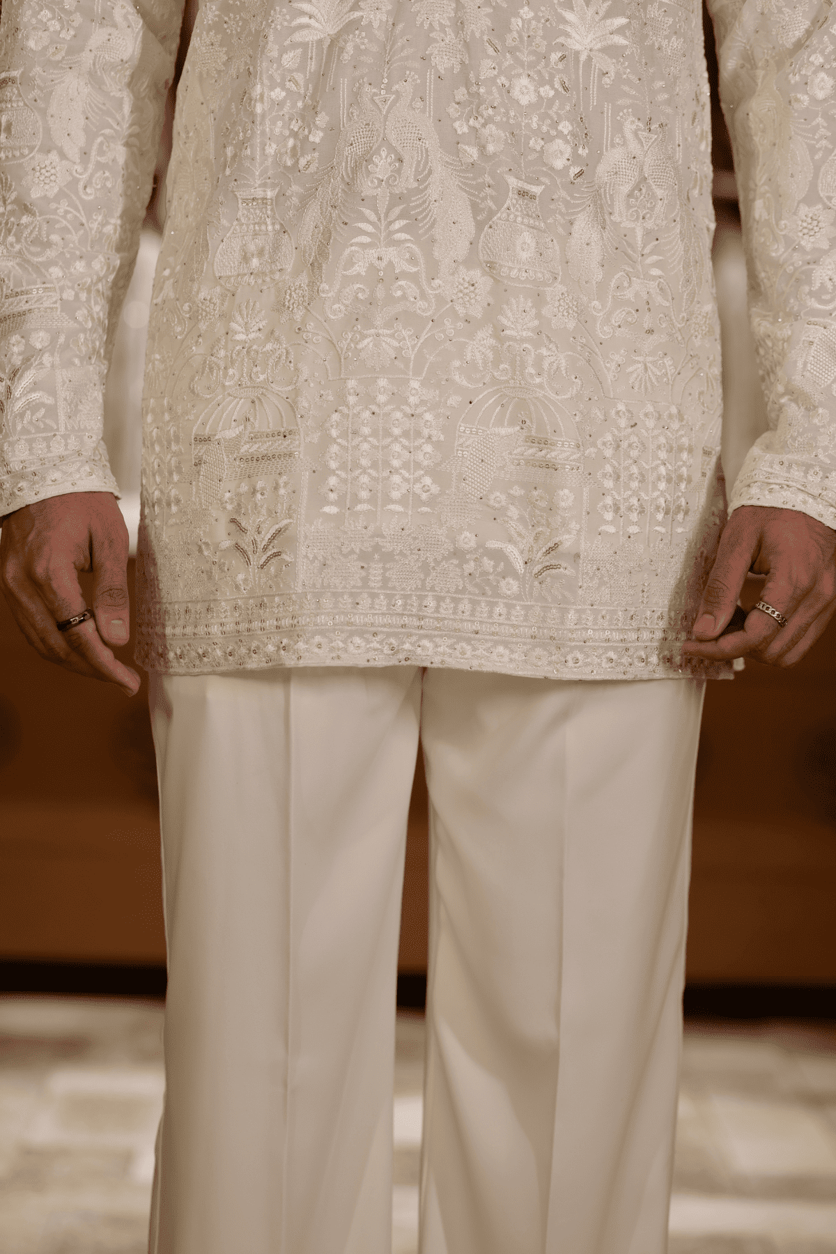 3 Cream Embroidered Short Kurta For Men (Luxury Korean Pants) F2-1093