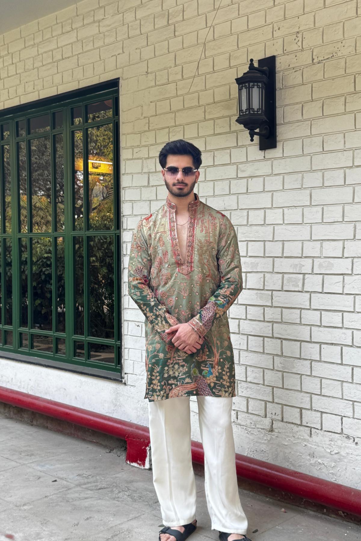 3 Double-Shaded Olive Green Embroidered Kurta Pyjama For Men (Luxury Korean Pants) F2-1068