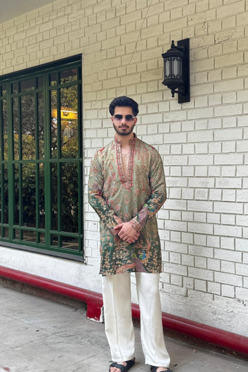 3 Double-Shaded Olive Green Embroidered Kurta Pyjama For Men (Luxury Korean Pants) F2-1068