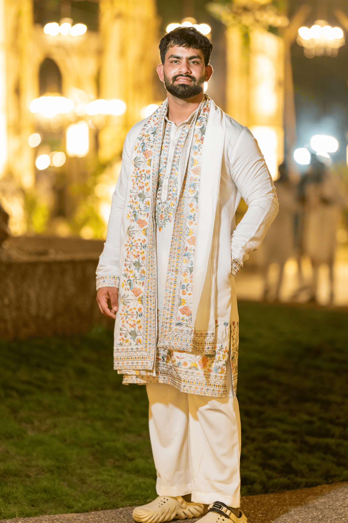 3 Ivory Multi-Thread Embroidered Kurta Pyjama For Men (Luxury Korean Pants) F2-1014