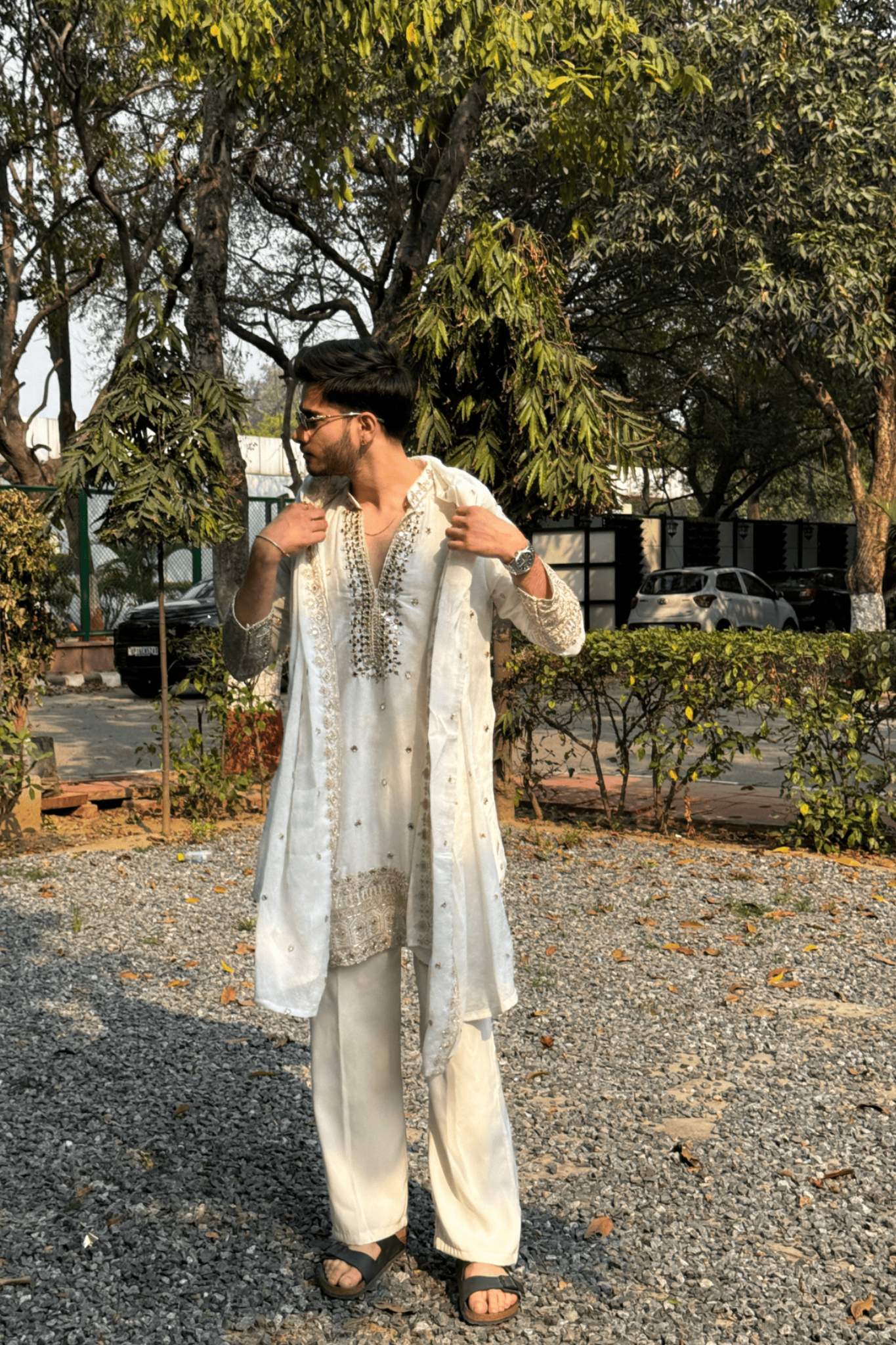 3 Ivory V-Neck Mirror Work Wedding Kurta Set For Men With Stole (Luxury Korean Pants) F2-1070