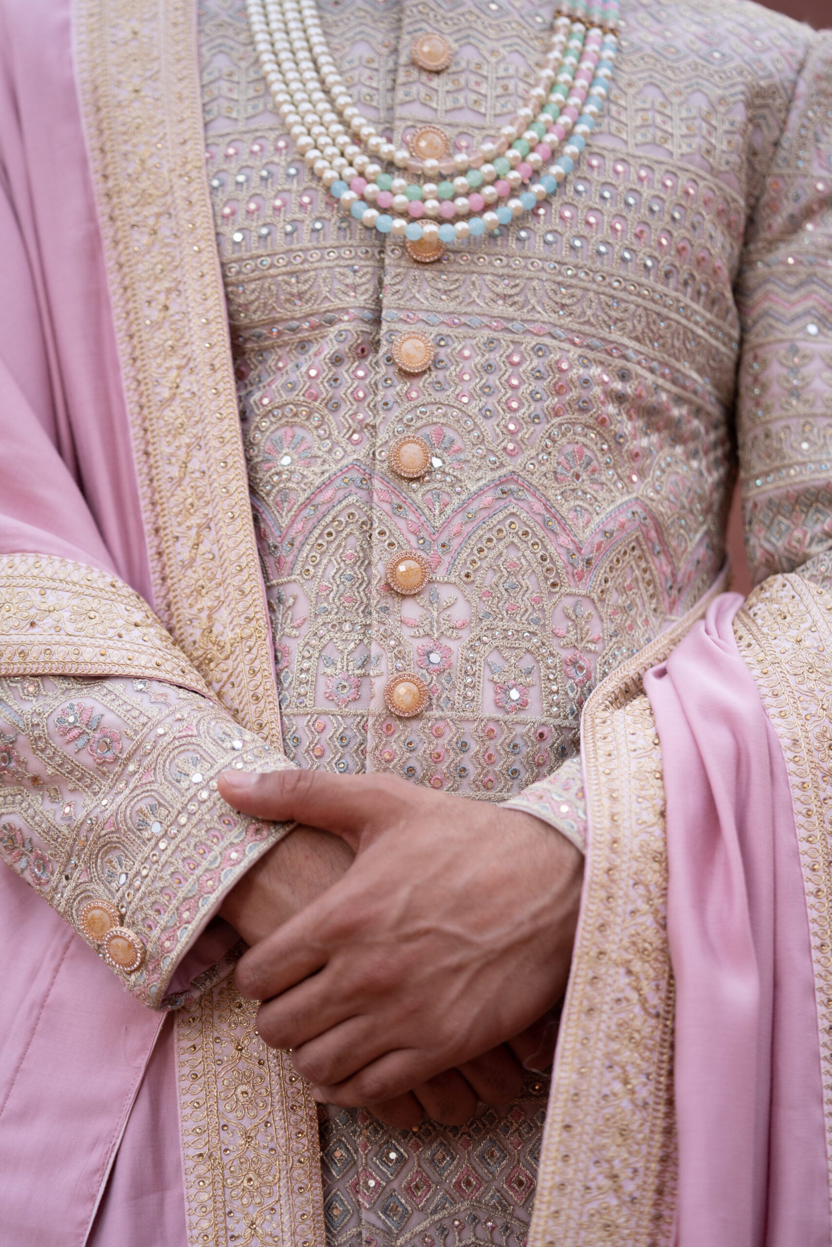 3 Light Pink Lakhnavi Hand Embroidered Sherwani with Soft Silk Anarkali