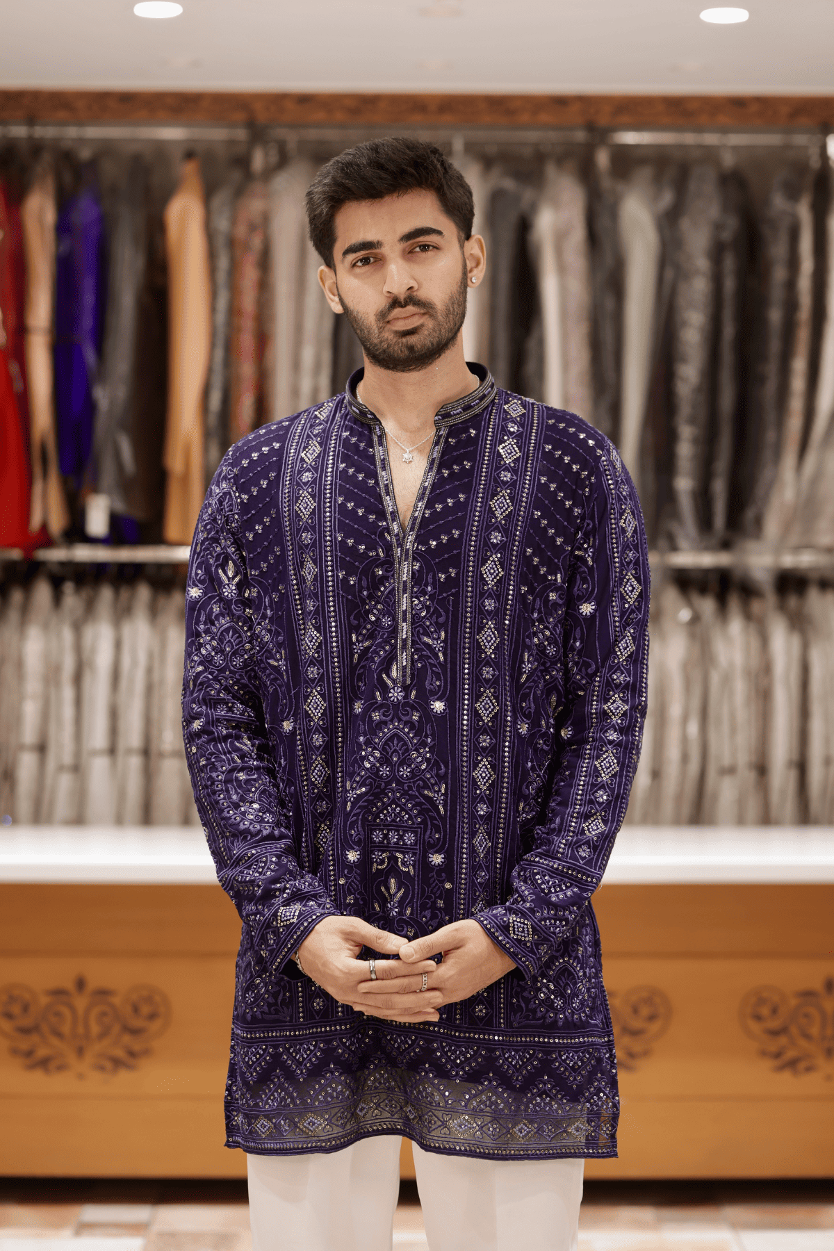 3 Navy Blue V-Neck Embroidered Short Kurta Pyjama For Men (Luxury Korean Pants)