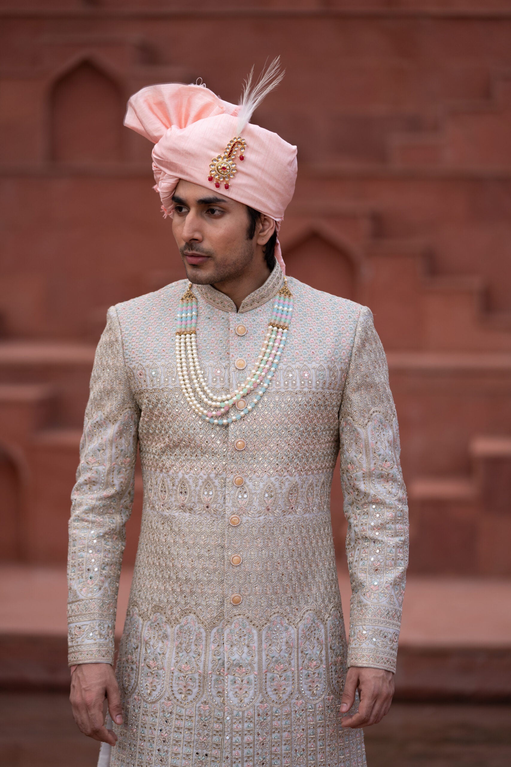 3 Peach Lakhnavi Hand Embroidery Sherwani with Soft Silk Anarkali