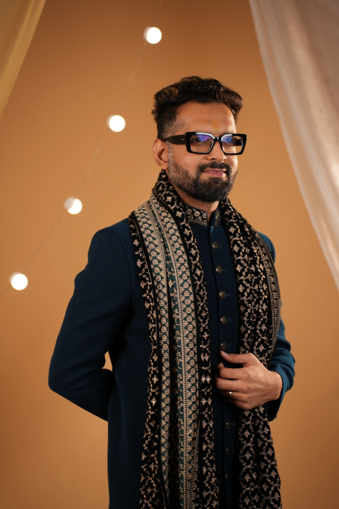 3 Royal Elegance: rama color Nawabi Sherwani Adorned with Red Embroidered Details