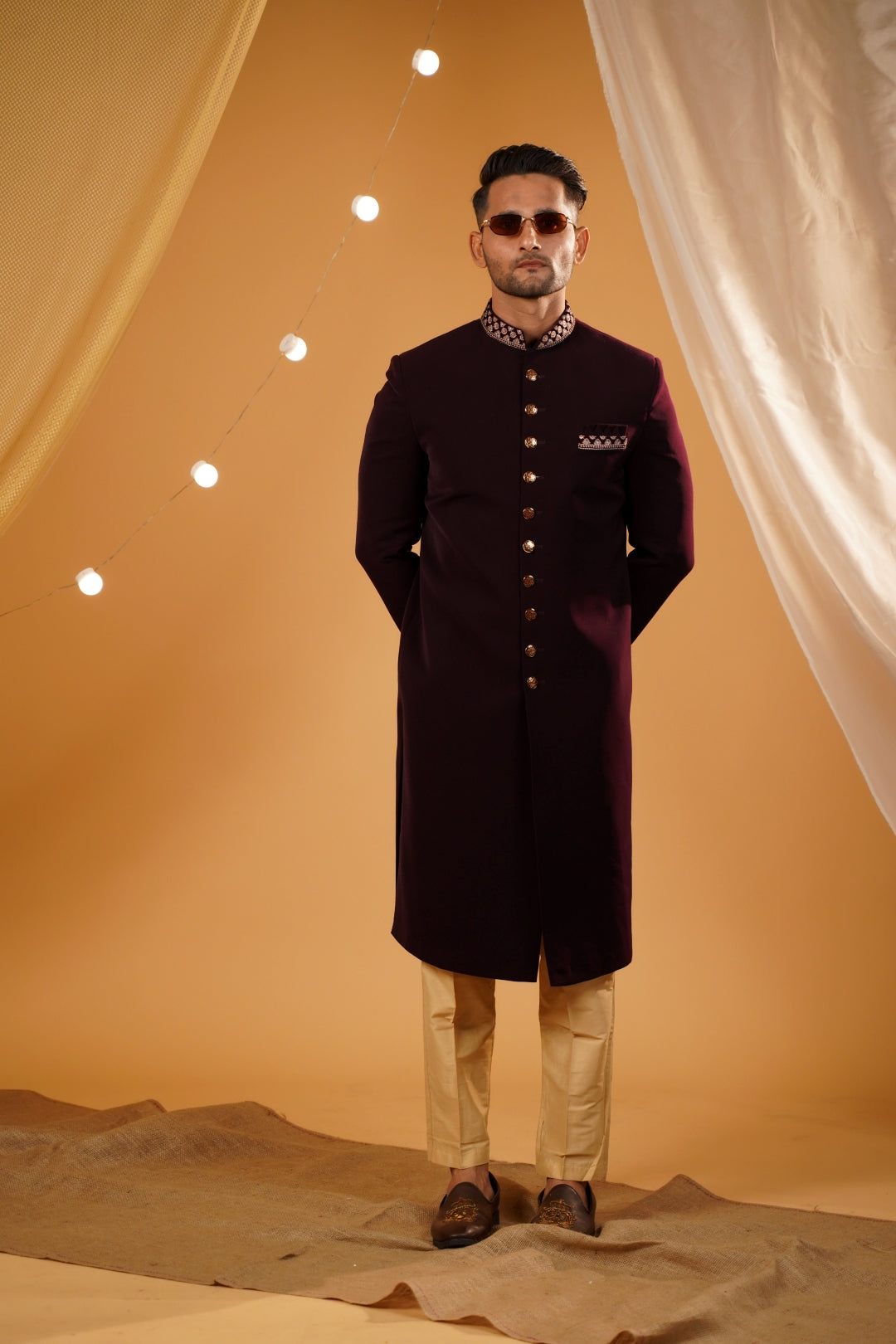 3 Royal Elegance: wine Velvet Nawabi Sherwani Adorned with Red Embroidered Details