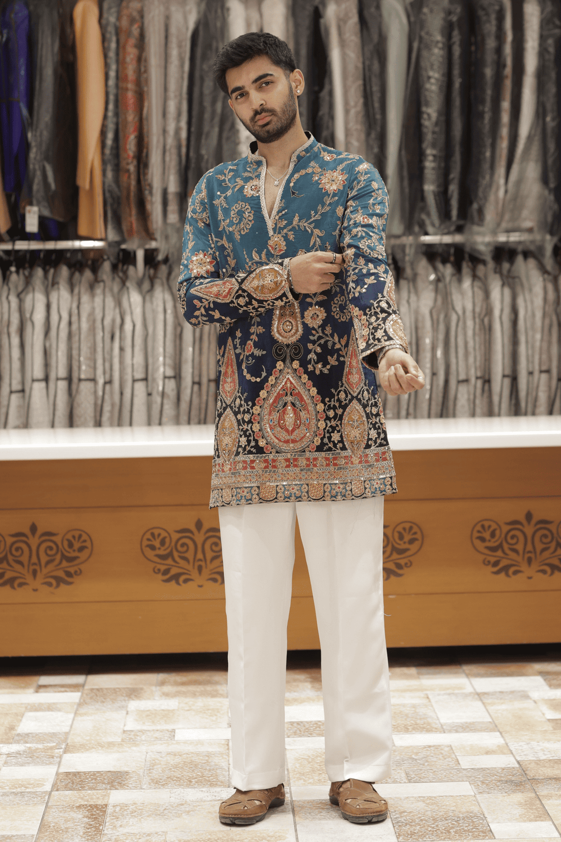 3 Royal Teal Embroidered Designer Kurta Pyjama for Men (LuxuryKoreanPants) F2-1073