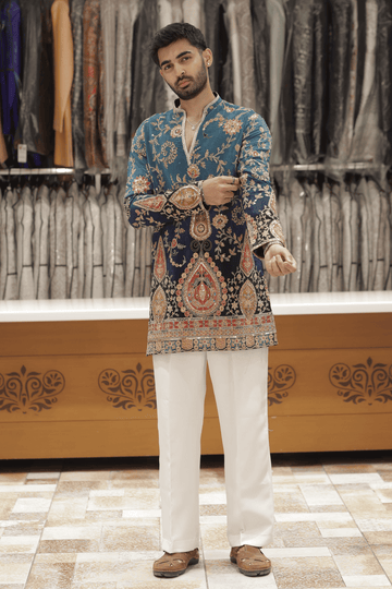 3 Royal Teal Embroidered Designer Kurta Pyjama for Men (LuxuryKoreanPants) F2-1073