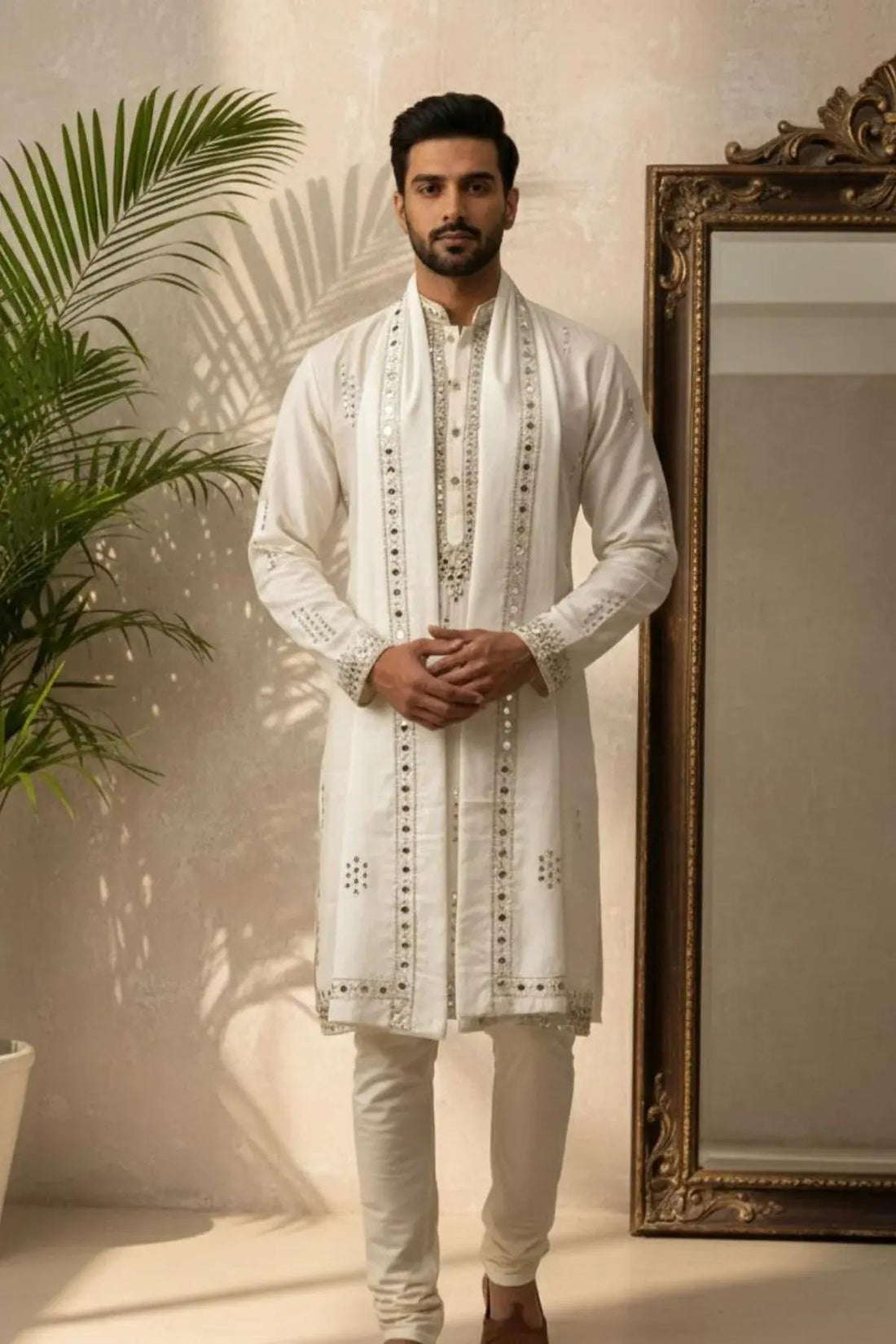 4 Ivory Mirror Embroidered Kurta Pyjama For Men (Polo Pants) F2-1040