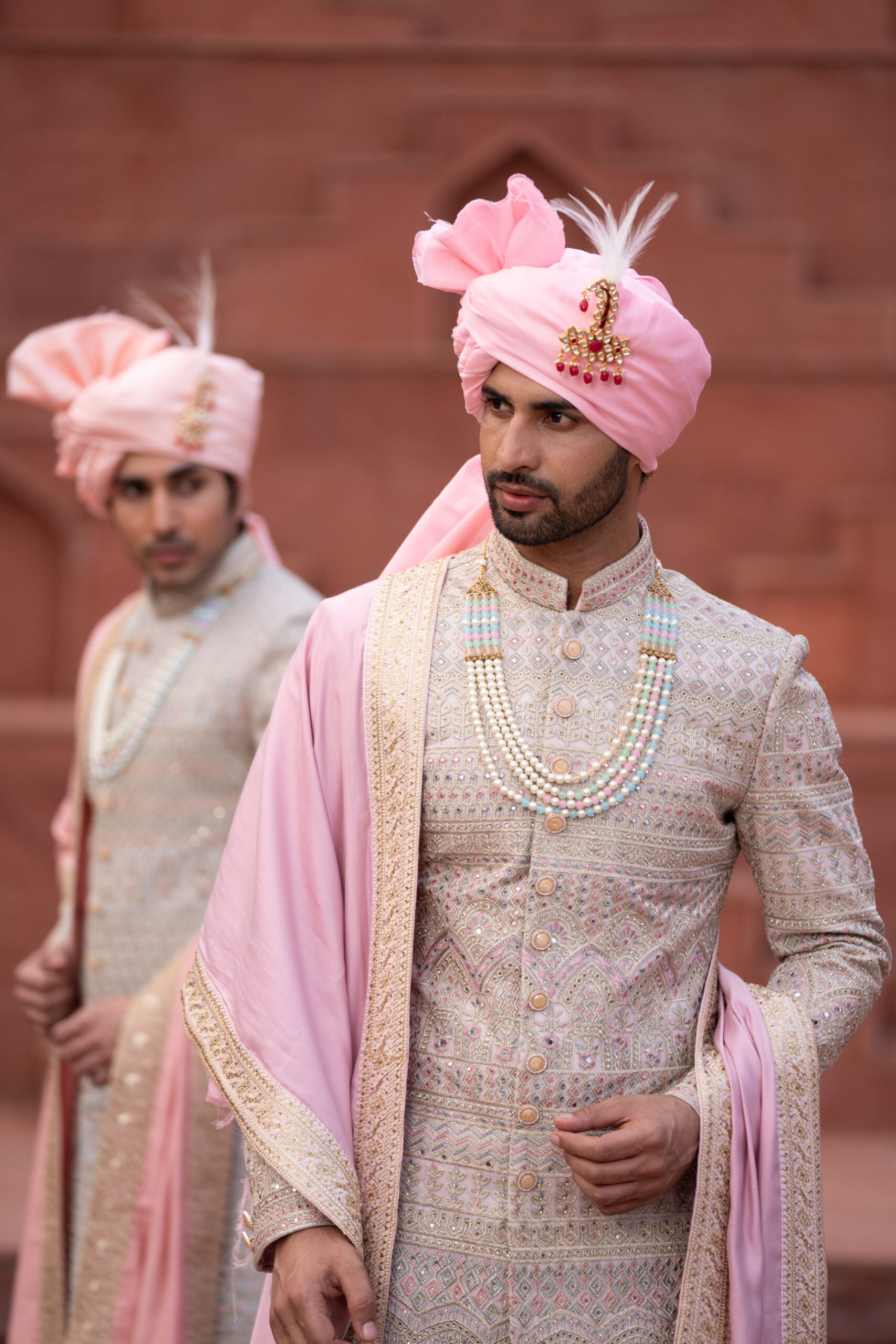 4 Light Pink Lakhnavi Hand Embroidered Sherwani with Soft Silk Anarkali