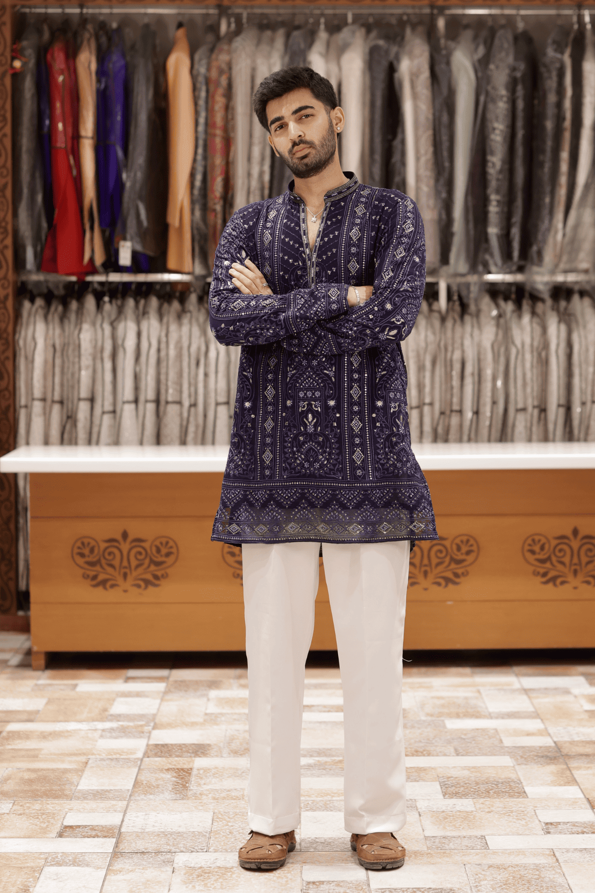 4 Navy Blue V-Neck Embroidered Short Kurta Pyjama For Men (Luxury Korean Pants)