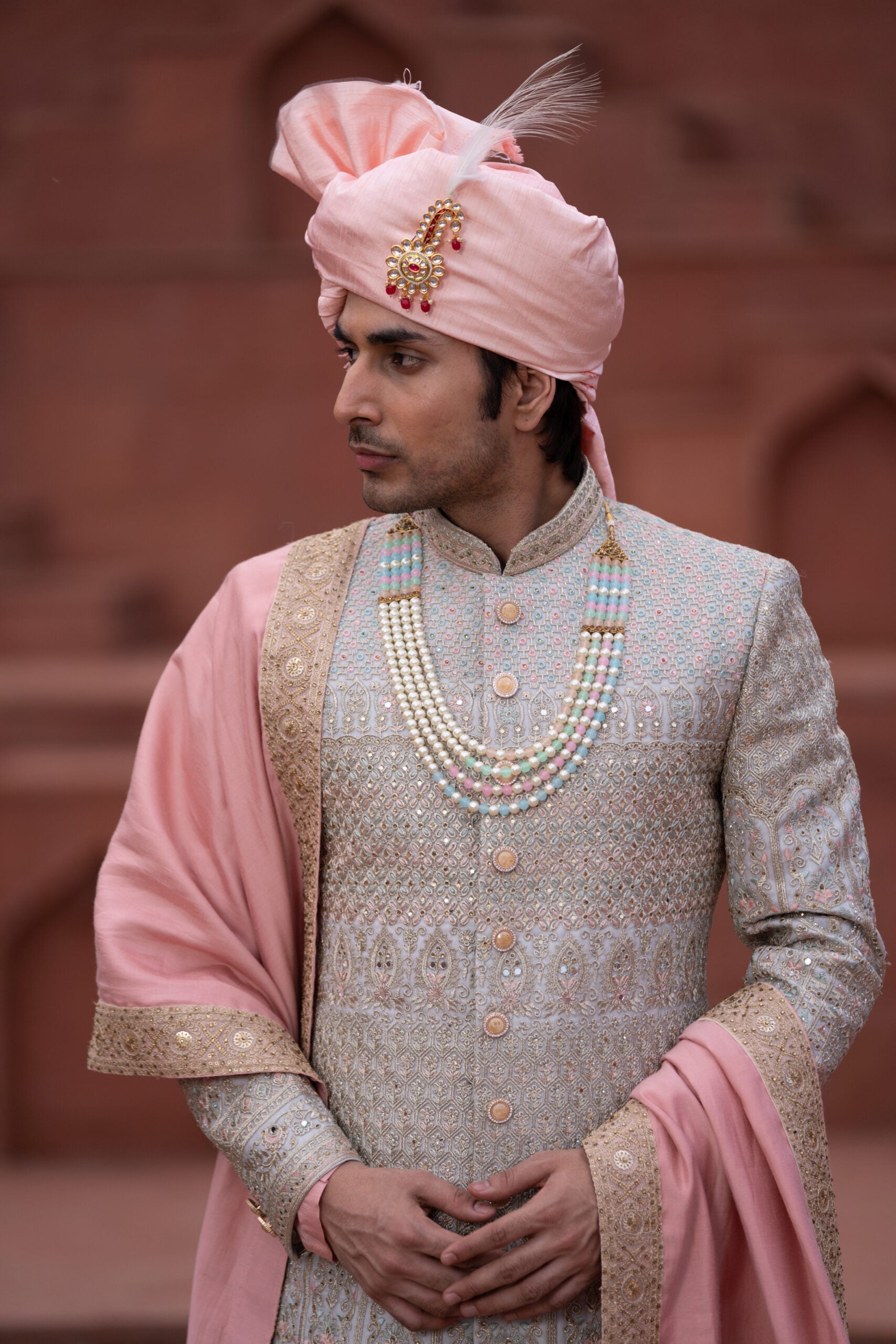 4 Peach Lakhnavi Hand Embroidery Sherwani with Soft Silk Anarkali