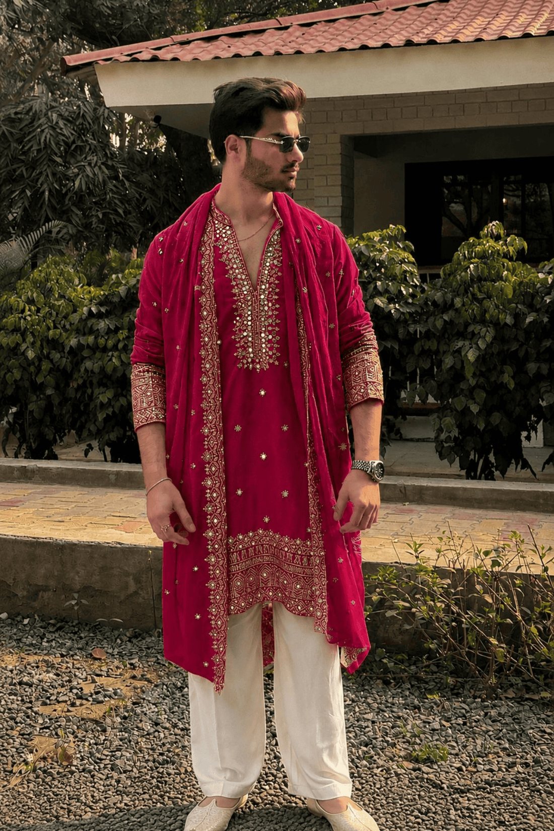 4 Pinkish Red V-Neck Mirror Work Wedding Kurta Set For Men With Stole (Luxury Korean Pants) F2-1094