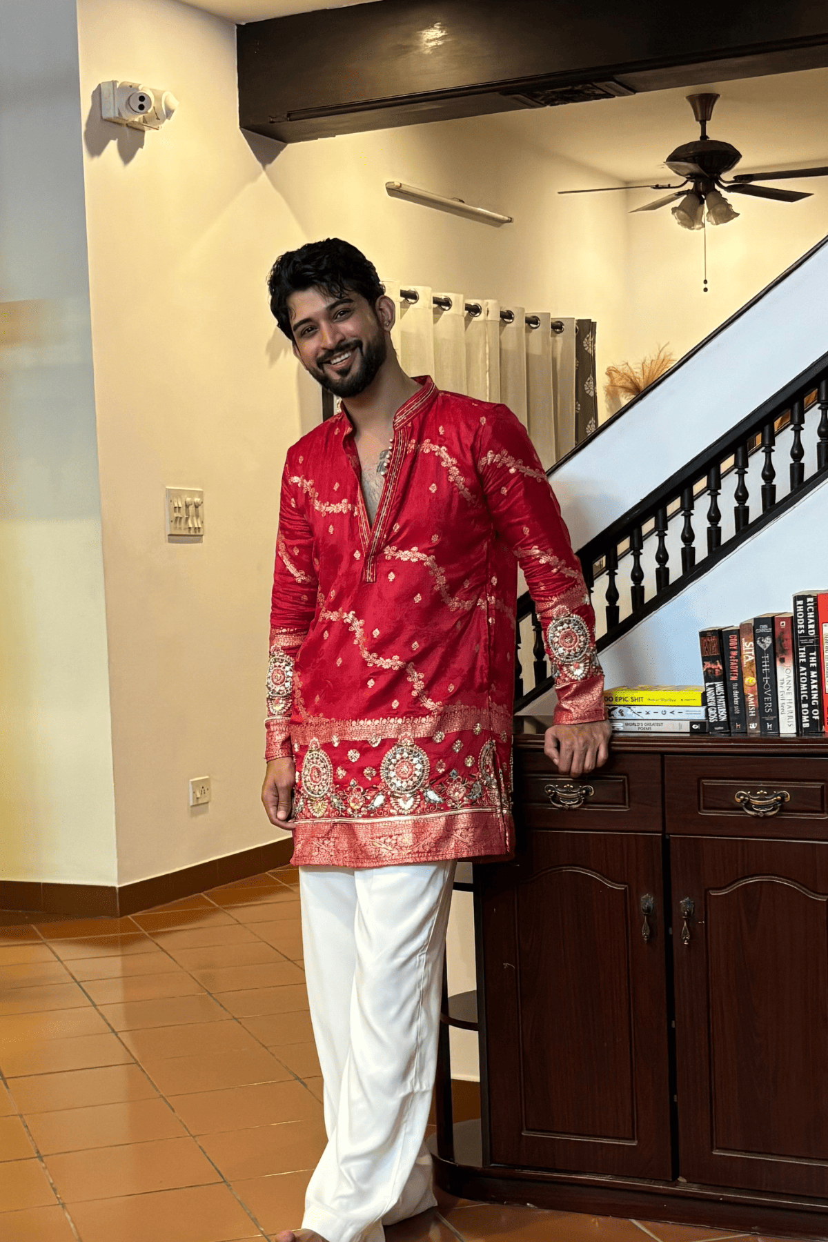 4 Red Embroidered Kurta Pyjama For Men With Border Work (Luxury Korean Pants) F2-1104