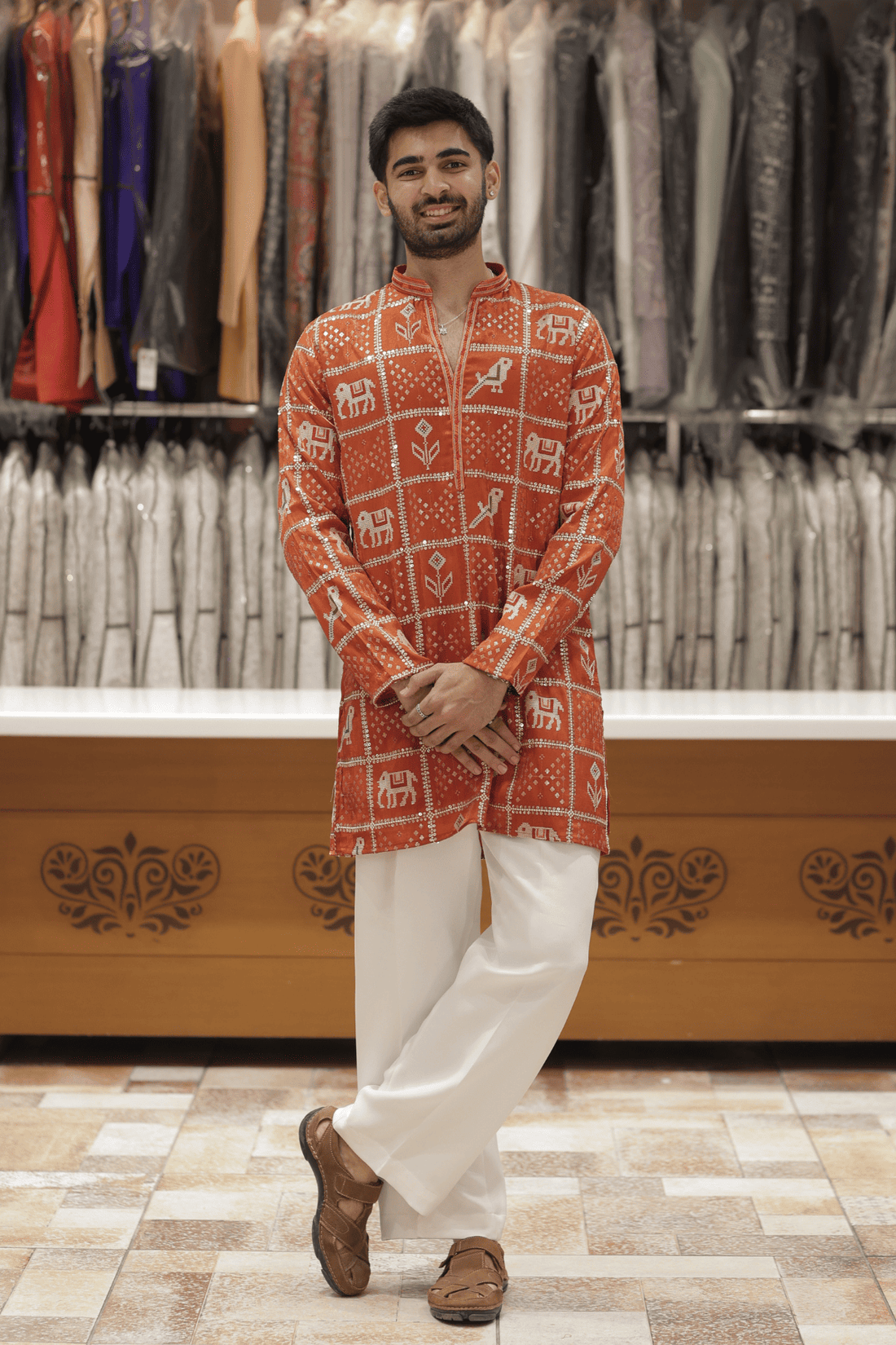 4 Rust Orange Kurta Pyjama For Men with Heritage Animal Motifs (Luxury Korean Pants)  F2-1080