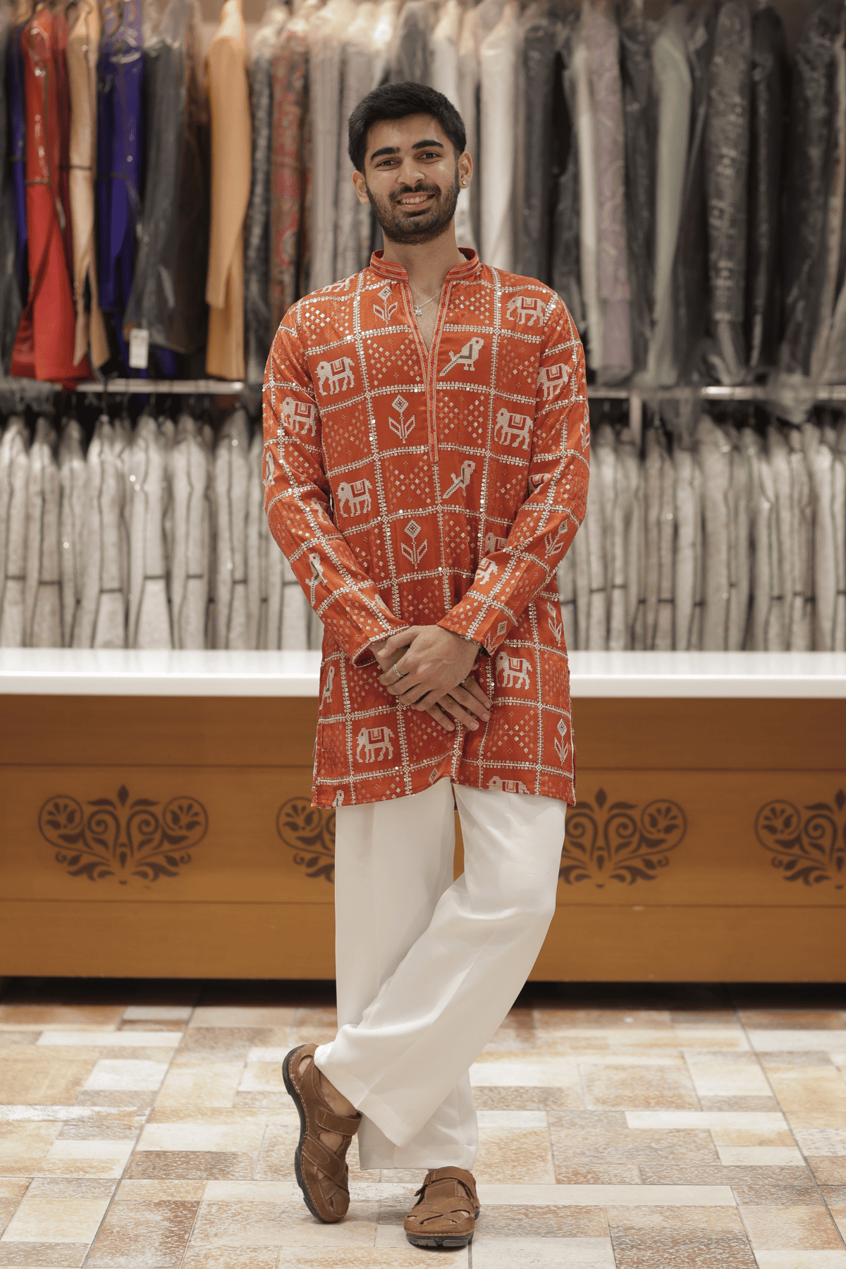 4 Rust Orange Kurta Pyjama For Men with Heritage Animal Motifs (Luxury Korean Pants)  F2-1080