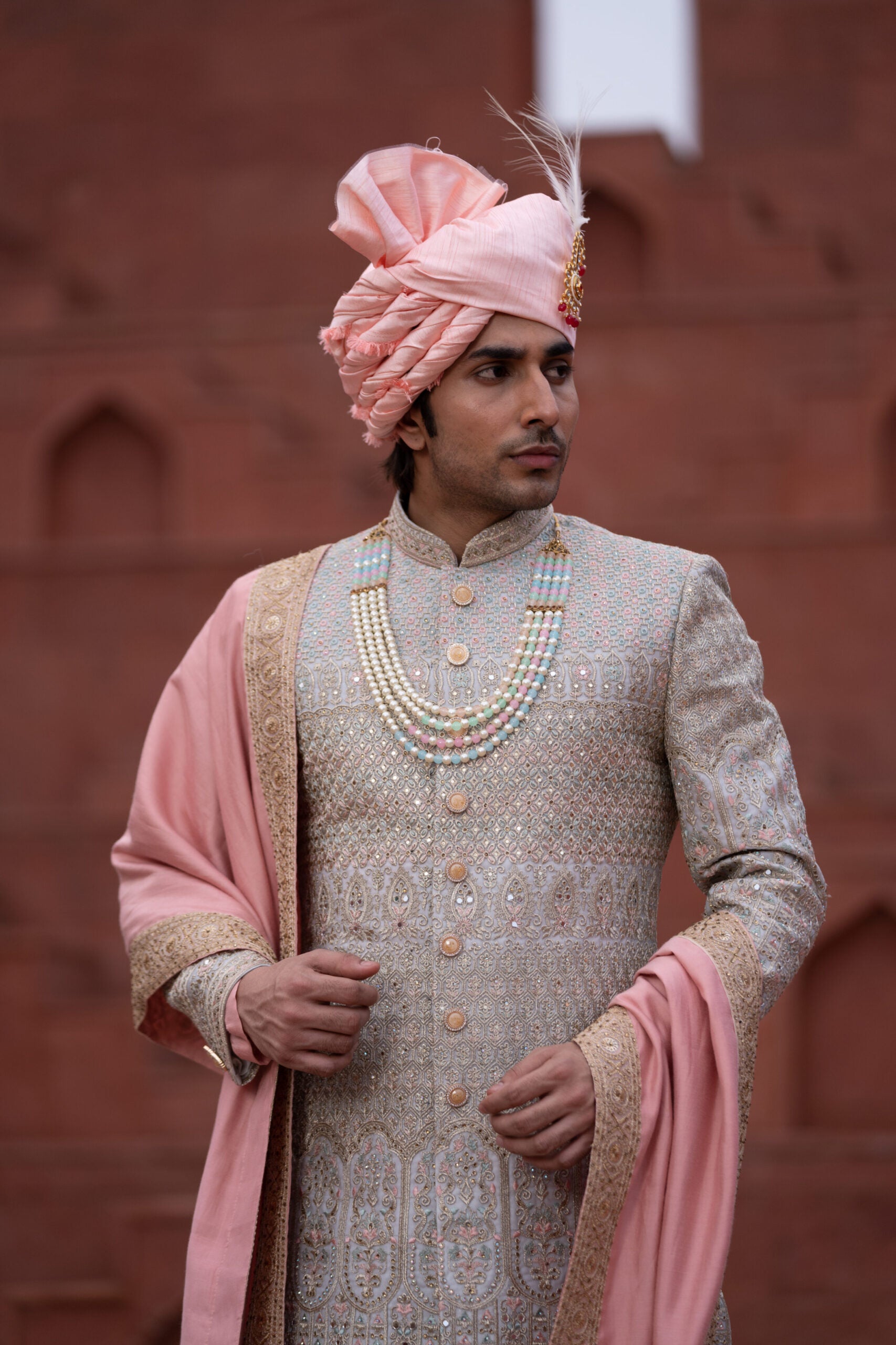 5 Peach Lakhnavi Hand Embroidery Sherwani with Soft Silk Anarkali