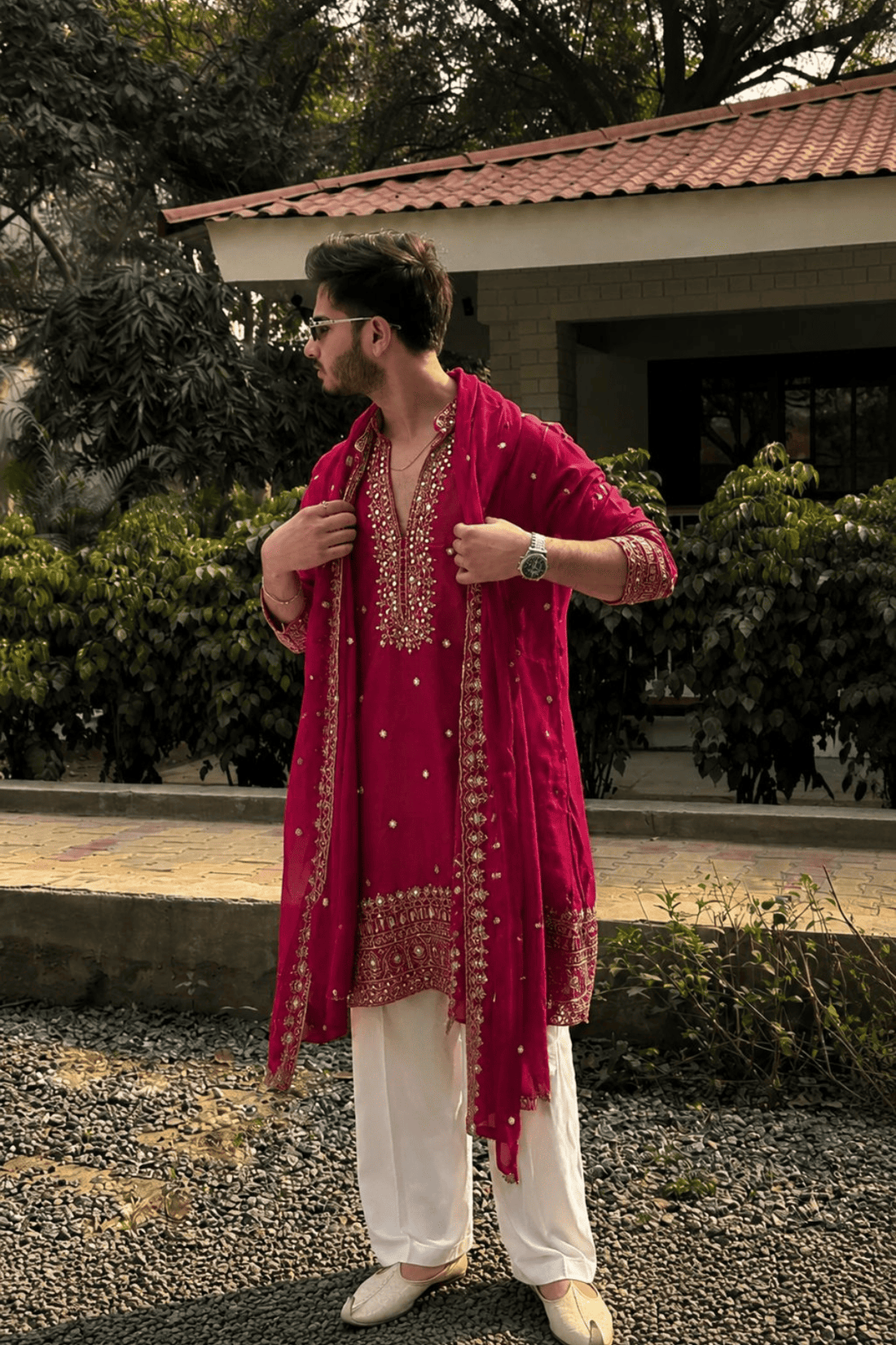 4 Pinkish Red V-Neck Mirror Work Wedding Kurta Set For Men With Stole (Luxury Korean Pants) F2-1094