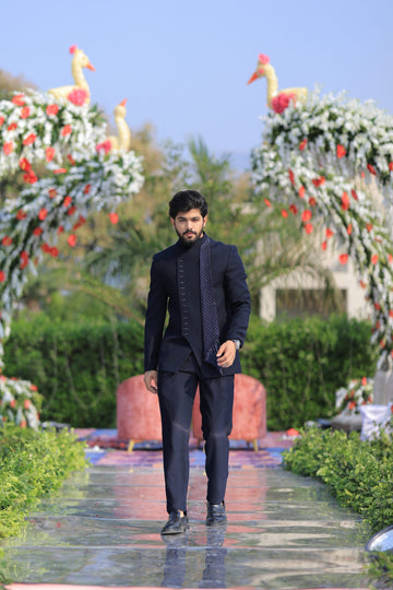 Navy Blue Sequins Embroidered Jodhpuri Suit