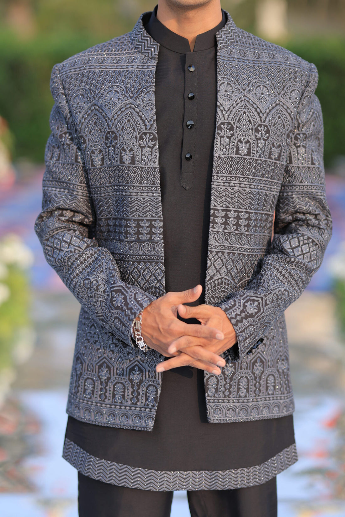 Black Embroidered Indowestern Set For Men