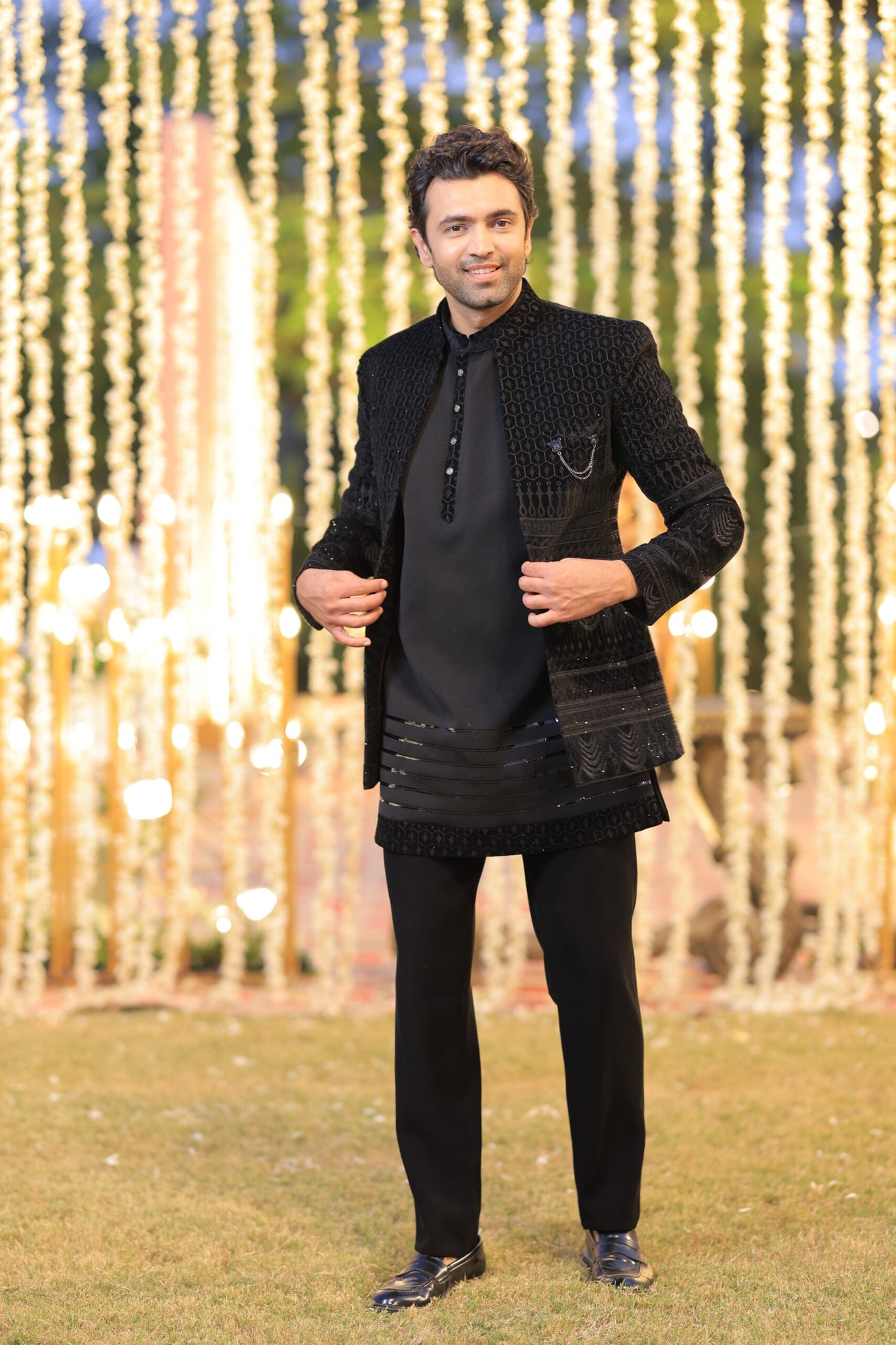 Wedding Wear Royal Black Jacket Style Indowestern In Raw Silk