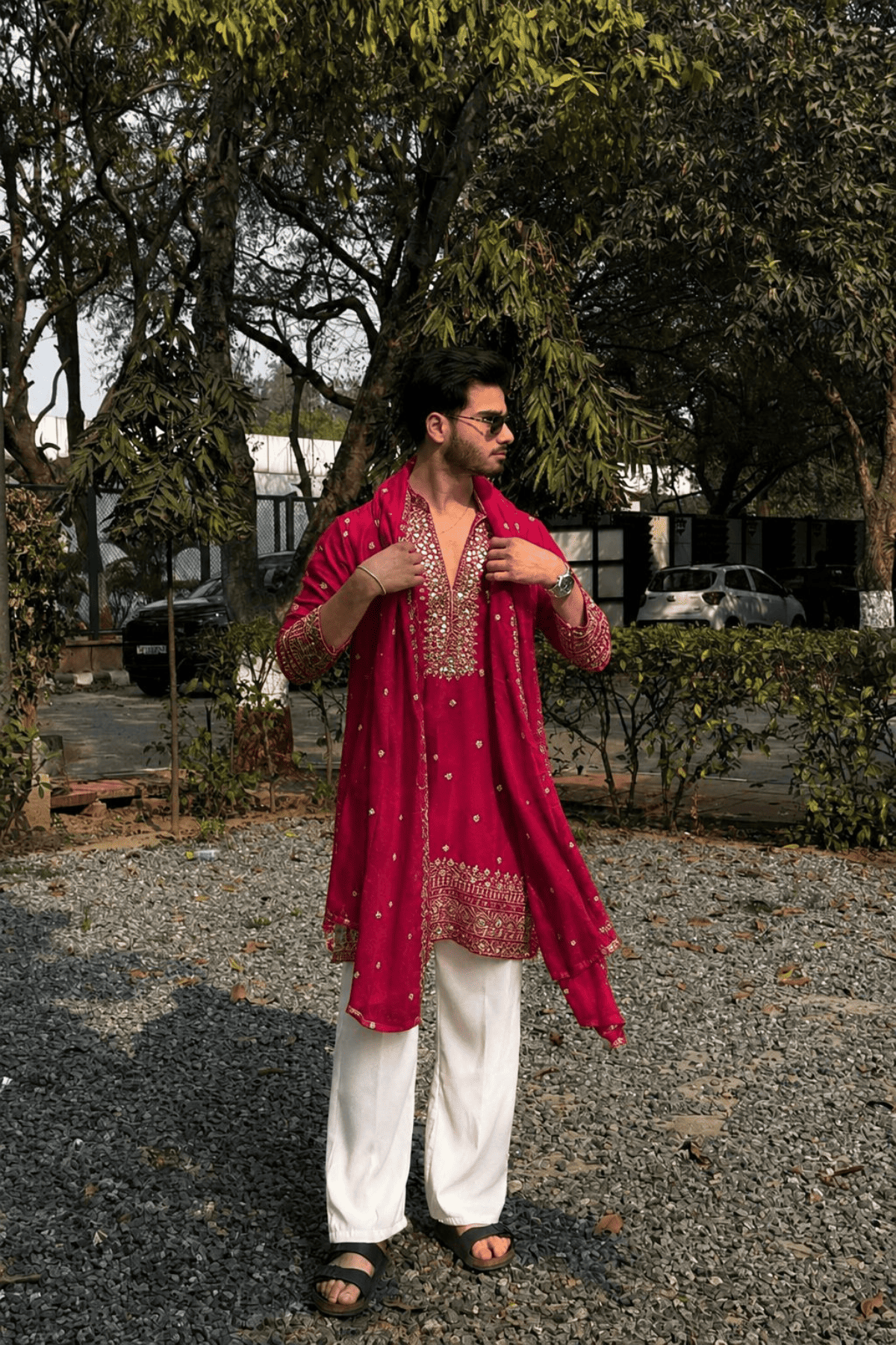 6 Pinkish Red V-Neck Mirror Work Wedding Kurta Set For Men With Stole (Luxury Korean Pants) F2-1094