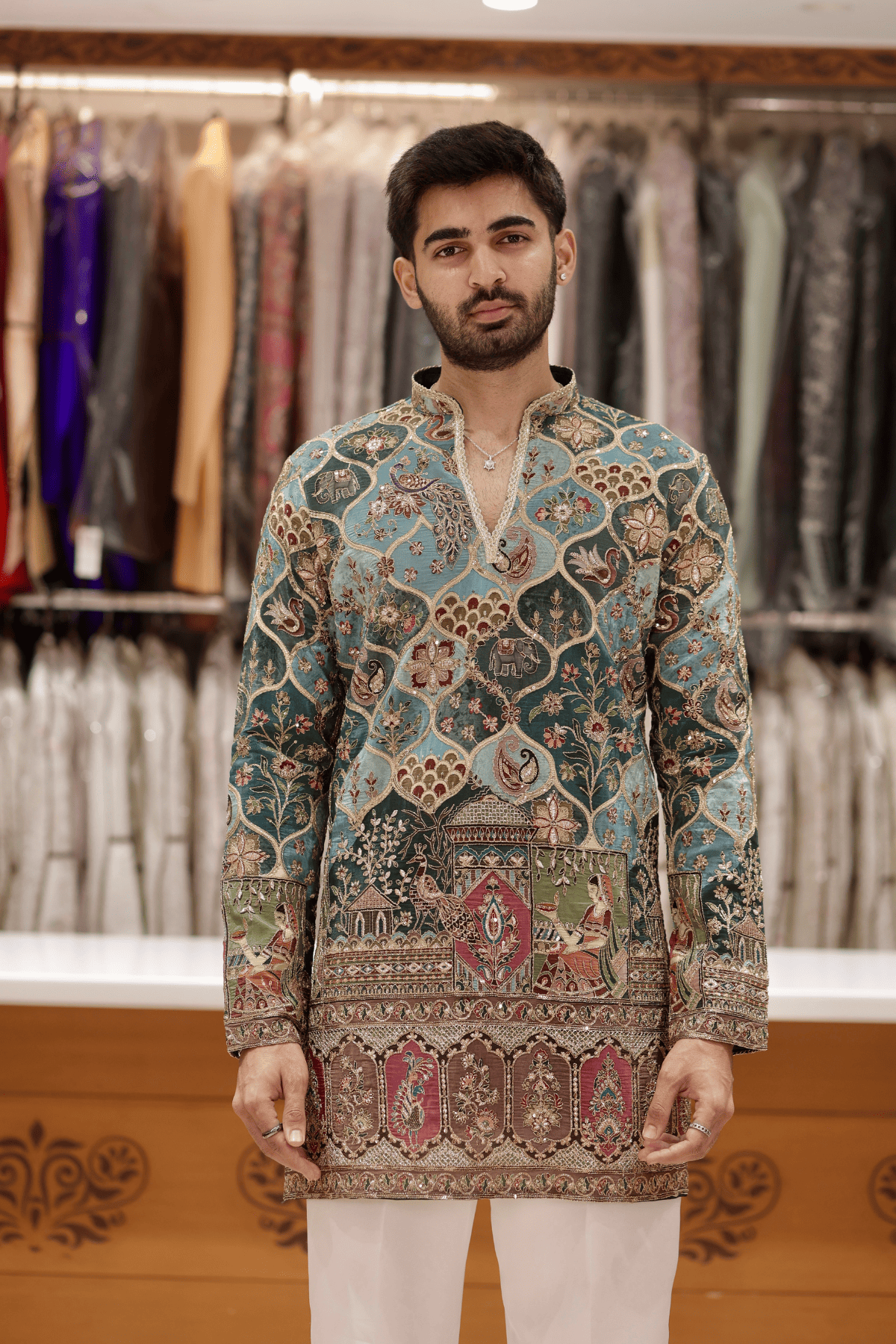 7 Heritage Teal Green Designer Kurta Pyjama For Men (Luxury Korean Pants) F2-1071