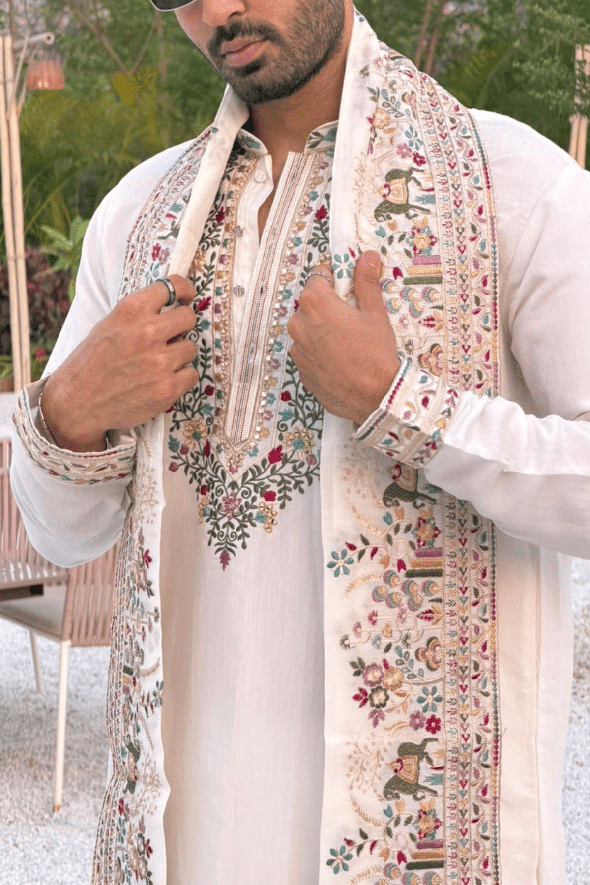 7 Ivory Embroidered Kurta Pyjama For Men with Heritage Dupatta (Luxury Korean Pants) F2-1020