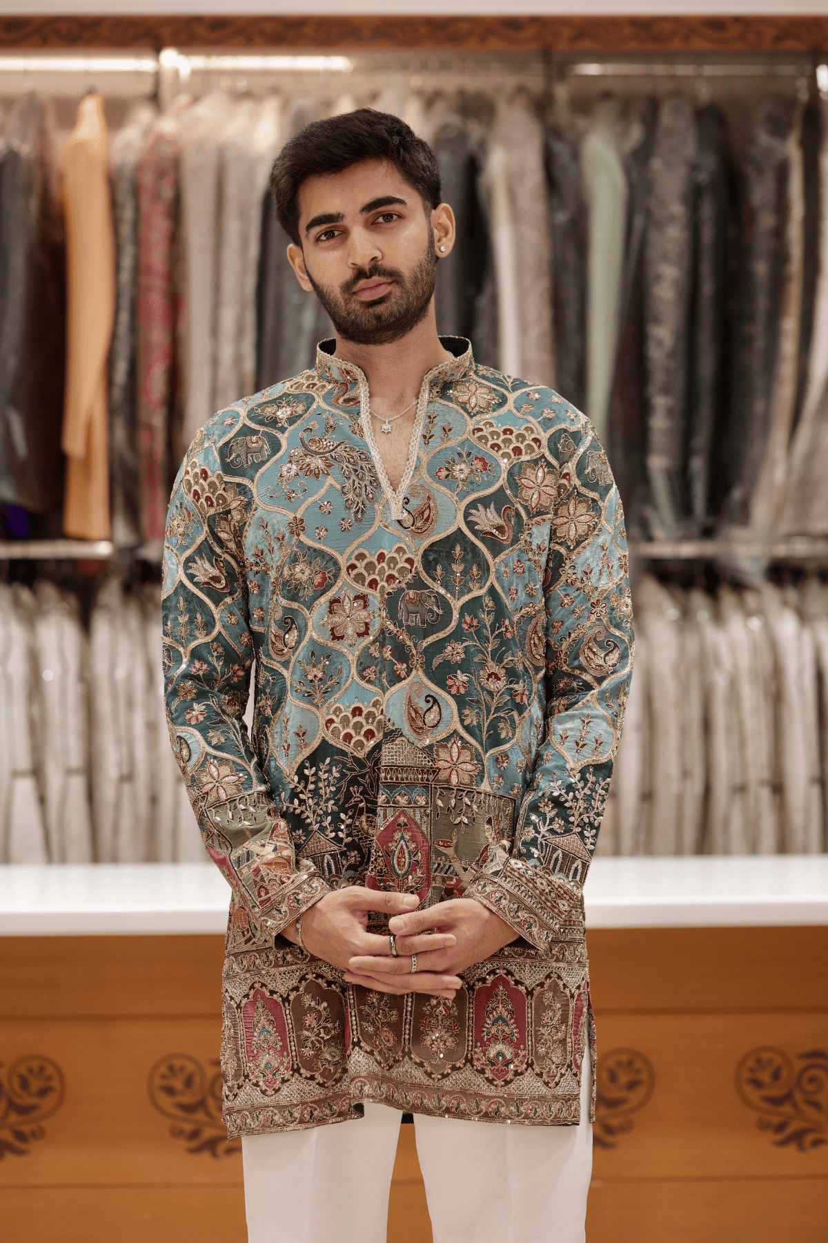 8 Heritage Teal Green Designer Kurta Pyjama For Men (Luxury Korean Pants) F2-1071