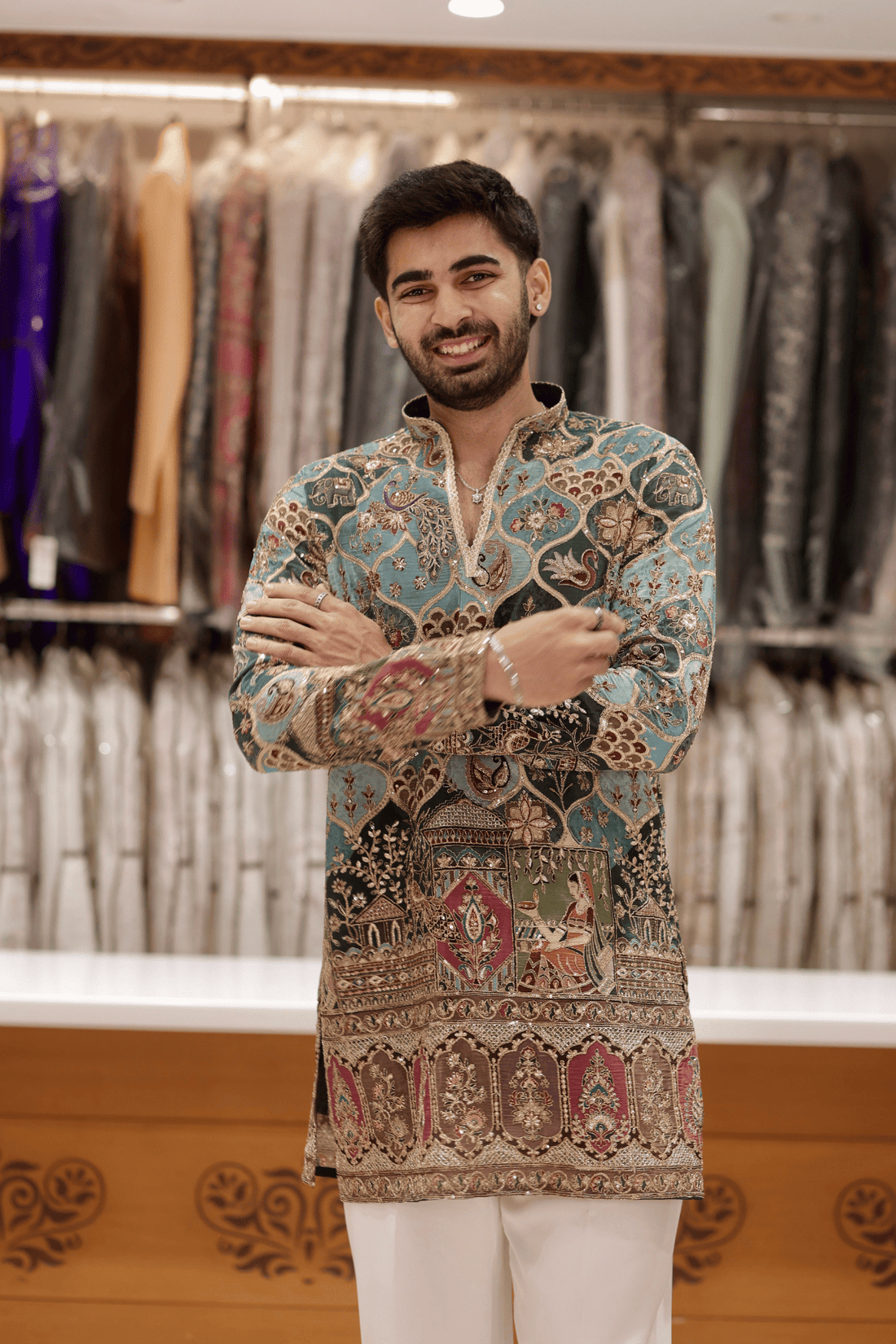 8 Heritage Teal Green Designer Kurta Pyjama For Men (Luxury Korean Pants) F2-1071