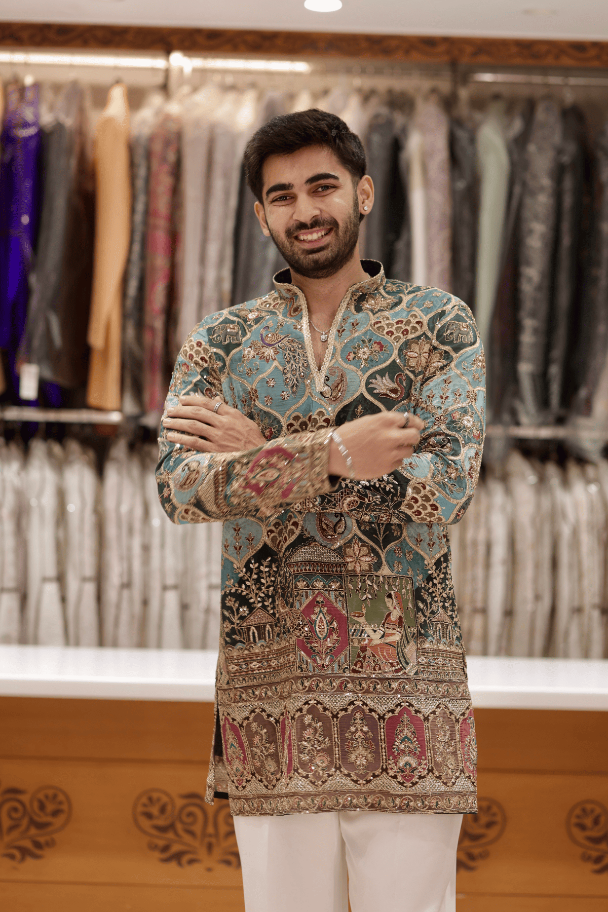 9 Heritage Teal Green Designer Kurta Pyjama For Men (Luxury Korean Pants) F2-1071