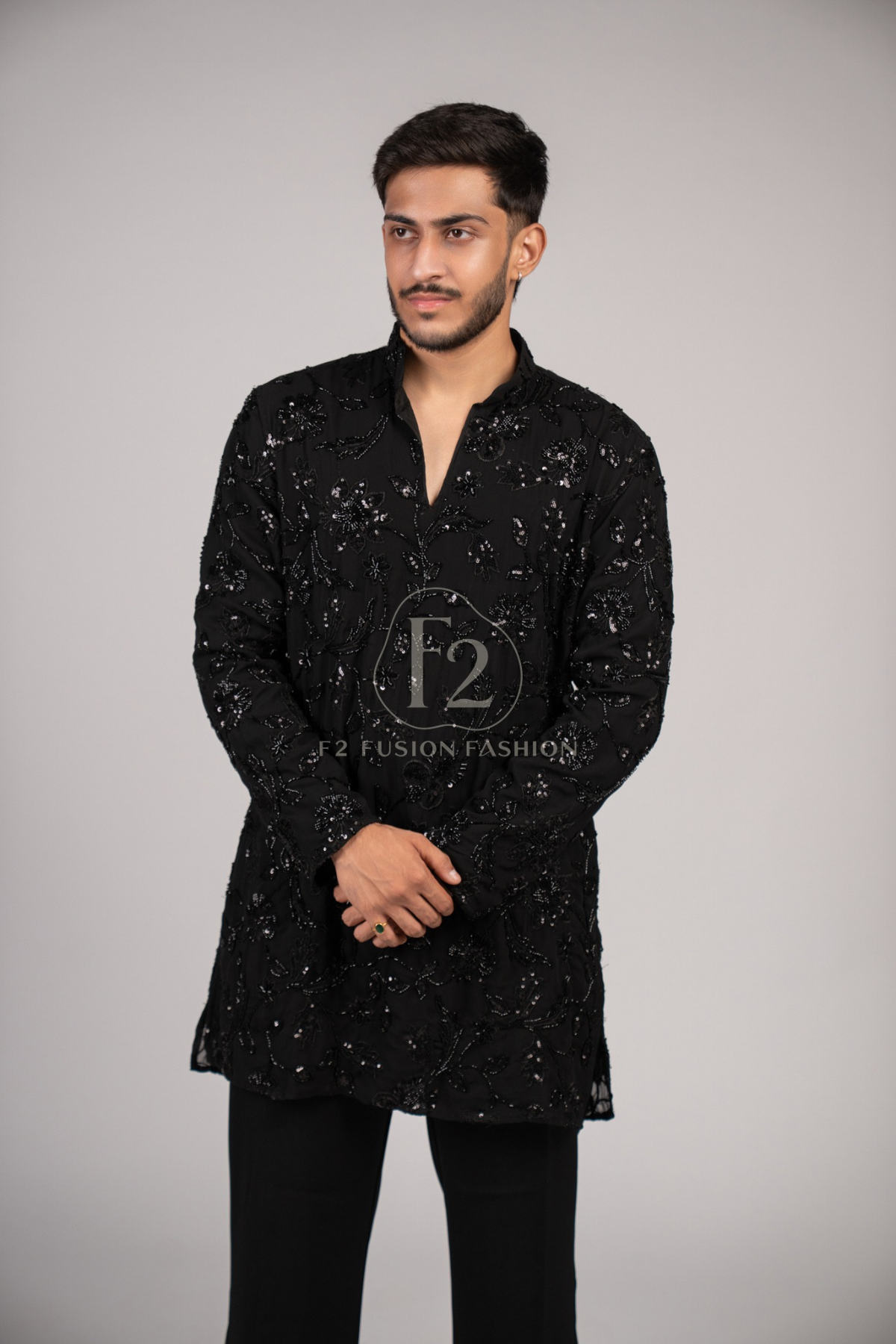 Black Floral Sequin & Bead Work Designer Kurta Pyjama For Men (Luxury Korean Pants)