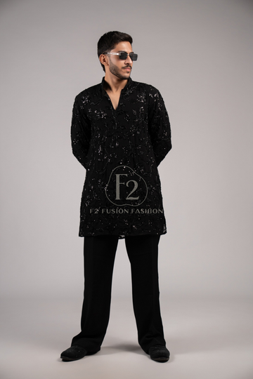 Black Floral Sequin & Bead Work Designer Kurta Pyjama For Men (Luxury Korean Pants)
