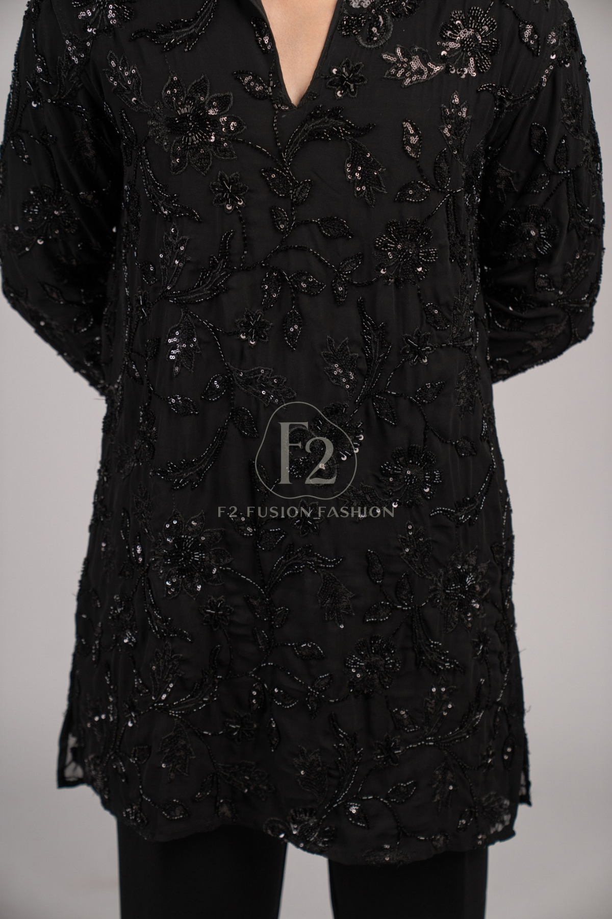 Black Floral Sequin & Bead Work Designer Kurta Pyjama For Men (Luxury Korean Pants)