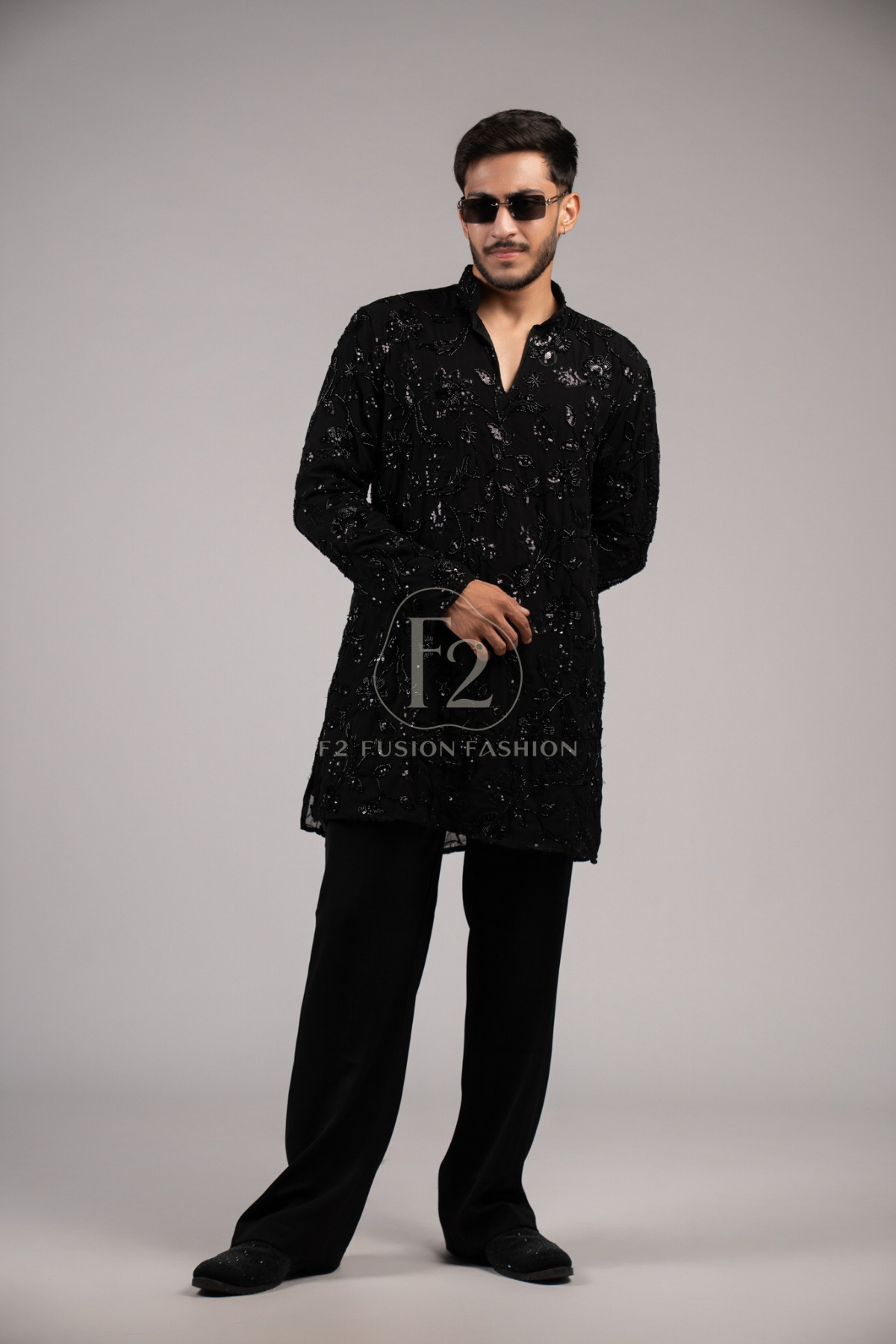 Black Floral Sequin & Bead Work Designer Kurta Pyjama For Men (Luxury Korean Pants)