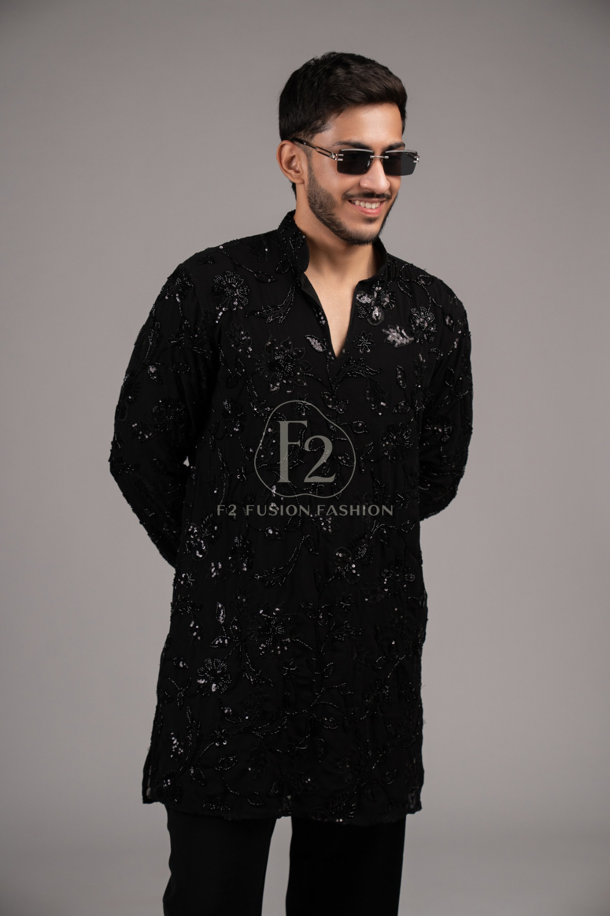 Black Floral Sequin & Bead Work Designer Kurta Pyjama For Men (Luxury Korean Pants)