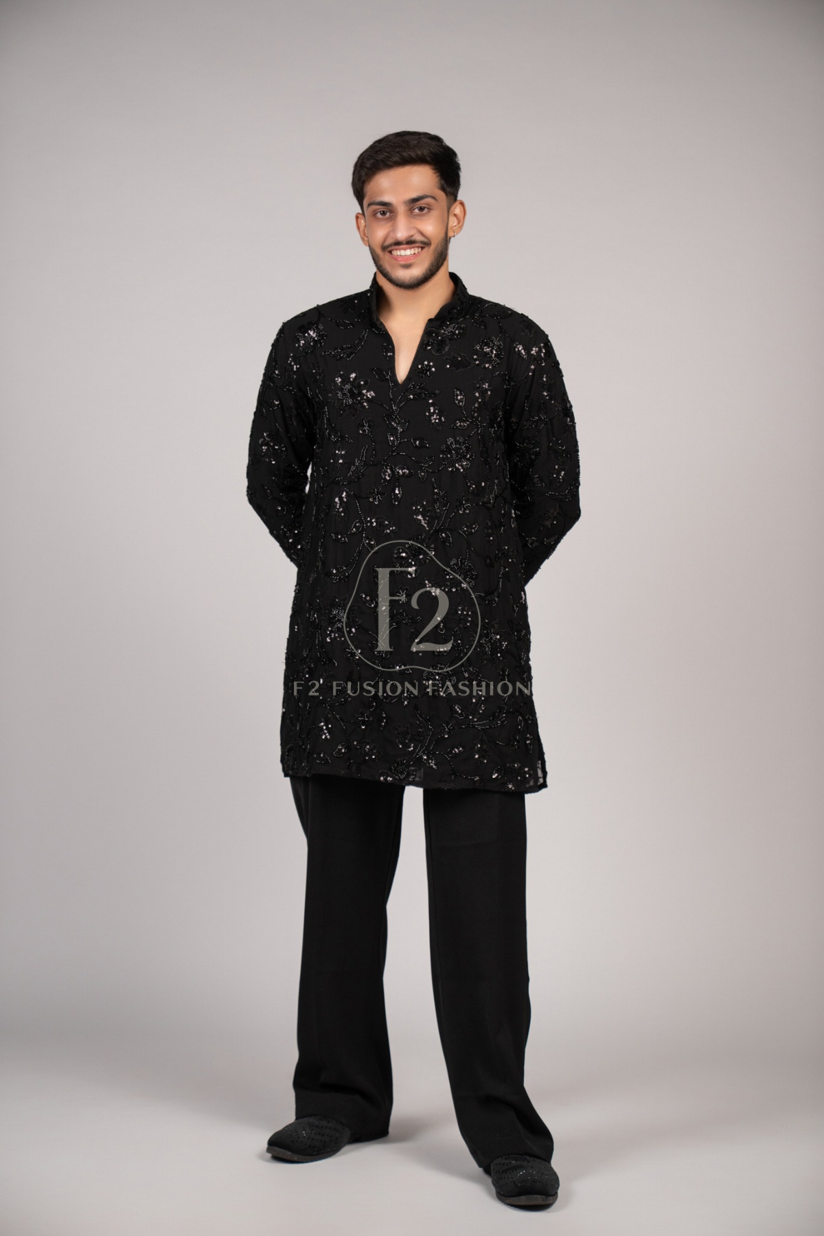 Black Floral Sequin & Bead Work Designer Kurta Pyjama For Men (Luxury Korean Pants)
