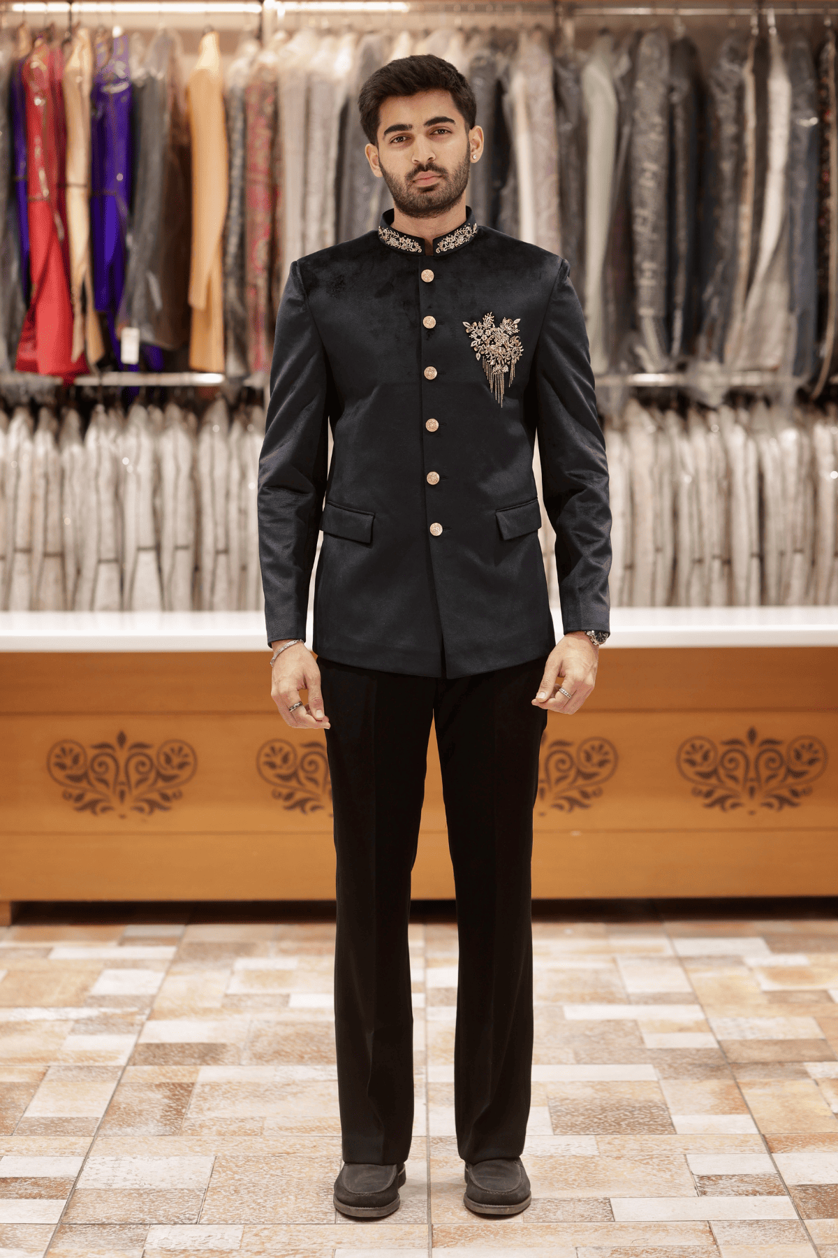 Black Regal Embroidered Bandhgala Jodhpuri Set For Men