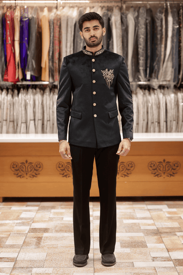 Black Regal Embroidered Bandhgala Jodhpuri Set For Men