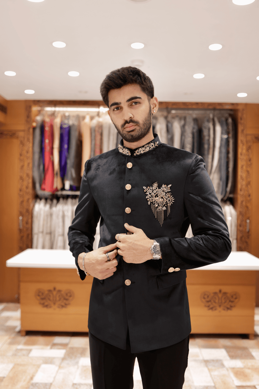 Black Regal Embroidered Bandhgala Jodhpuri Set For Men