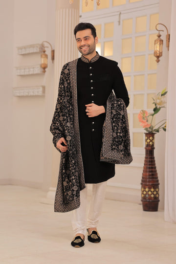 Black Imported Japanese Indo Western For Men with Shawl