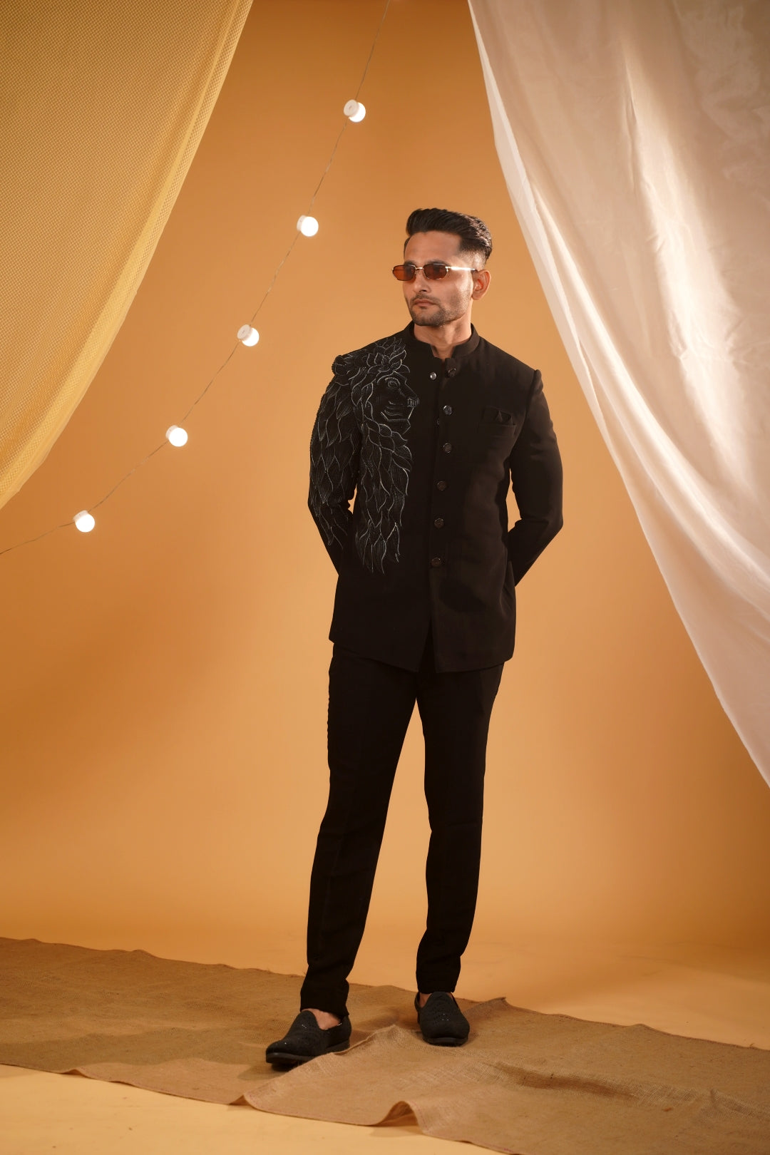 Black silver painted bandhgala with embellished full sleeve jacket