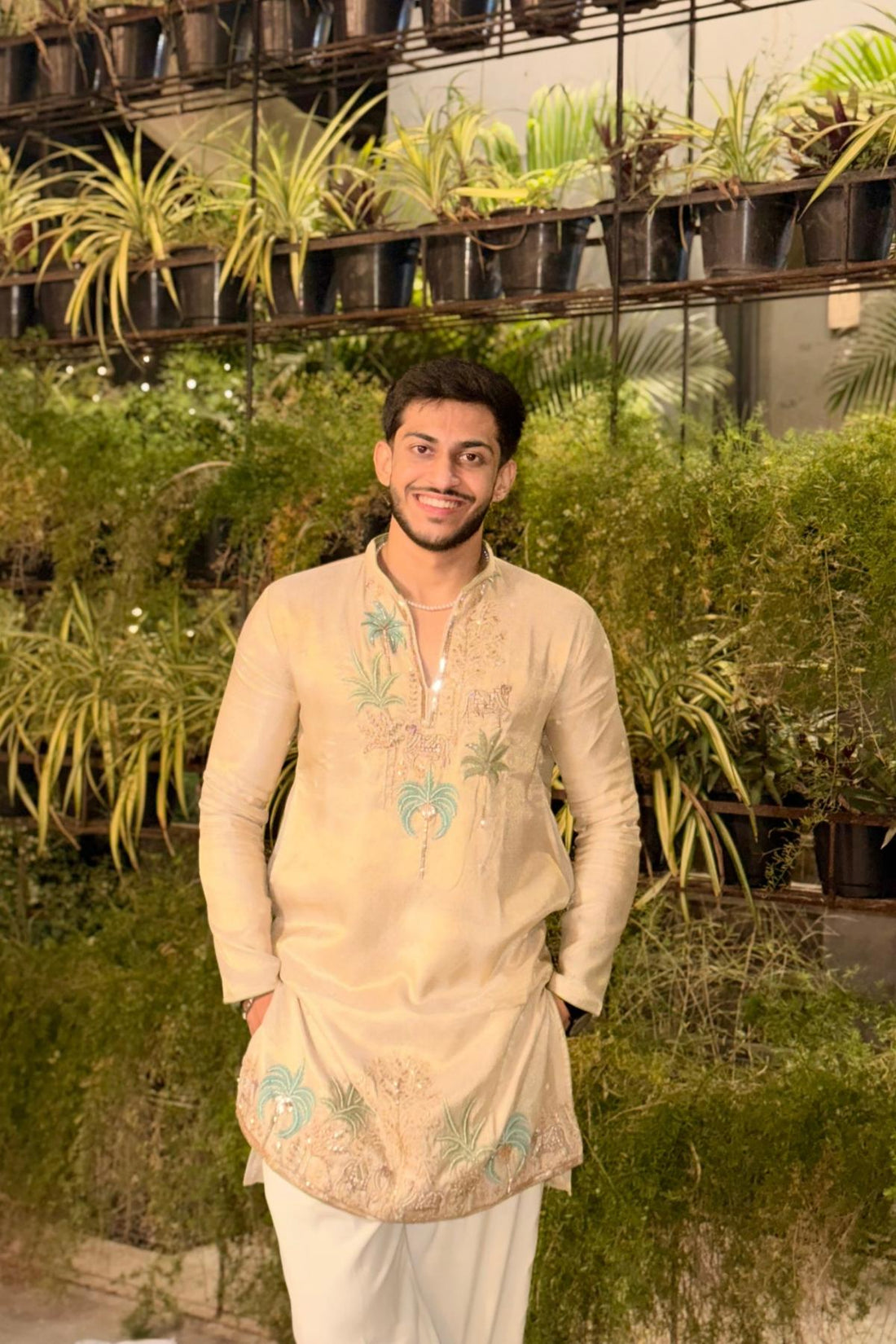 Champagne Beige Embroidered Kurta Pyjama For Men (Luxury Korean Pants) F2-1113