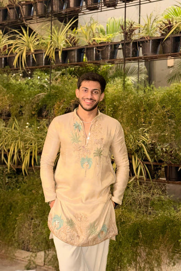 Champagne Beige Embroidered Kurta Pyjama For Men (Luxury Korean Pants) F2-1113