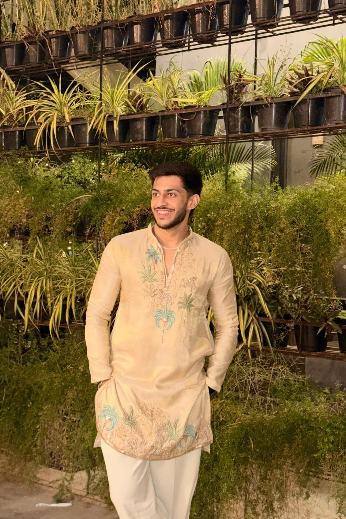 Champagne Beige Embroidered Kurta Pyjama For Men (Luxury Korean Pants) F2-1113