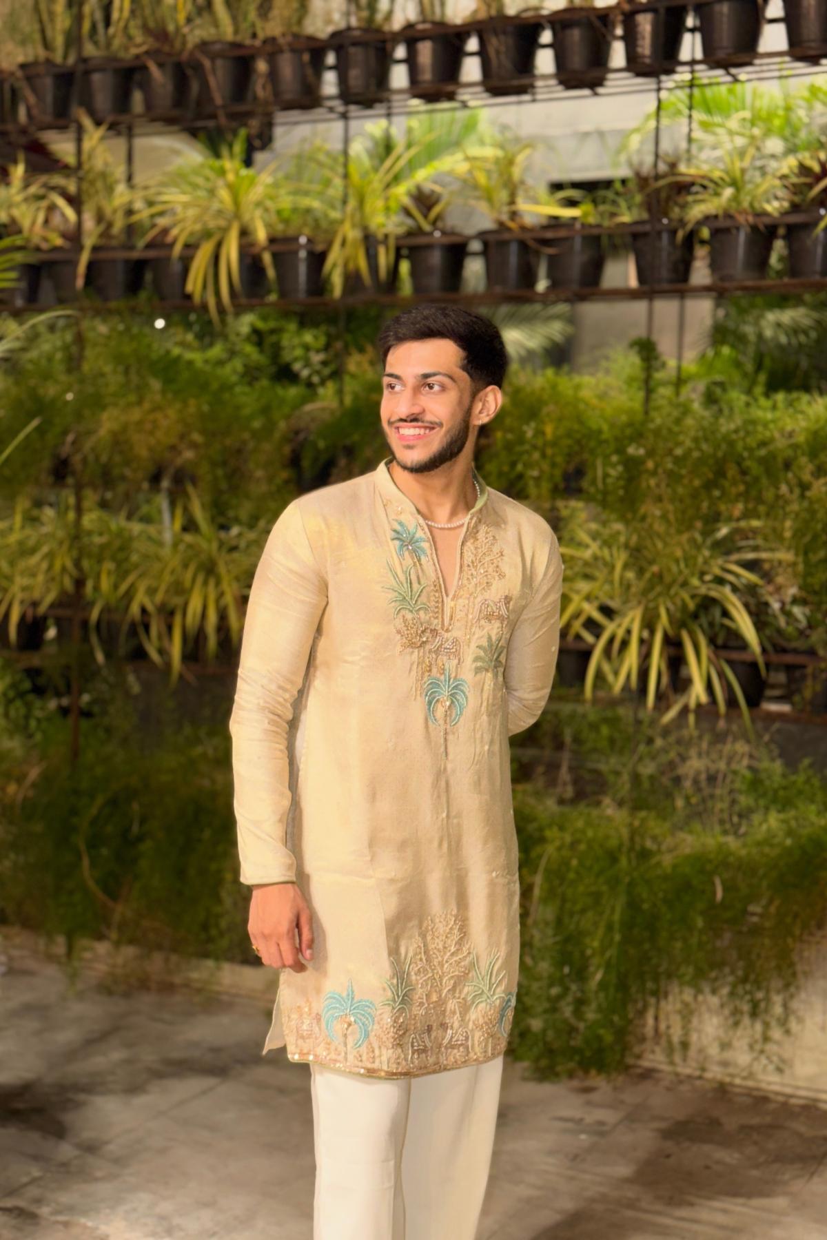 Champagne Beige Embroidered Kurta Pyjama For Men (Luxury Korean Pants) F2-1113 2 
